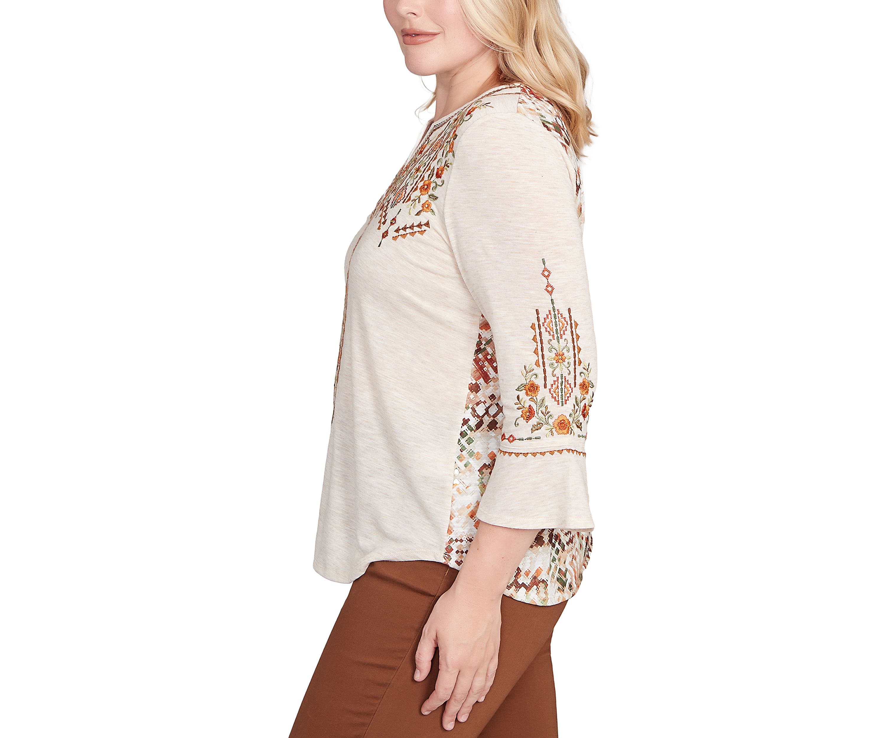 Womens Mount Laurel Geo Floral Embroidery Printed Back Top