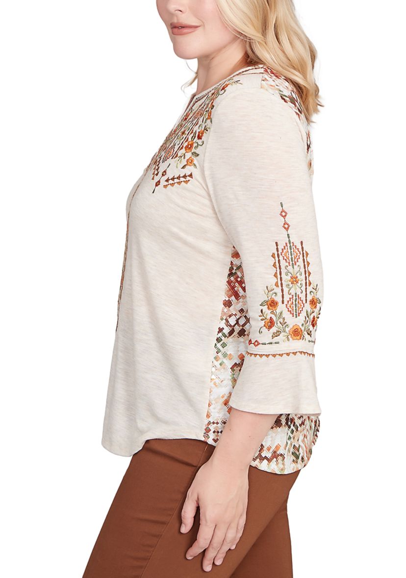 Womens Mount Laurel Geo Floral Embroidery Printed Back Top