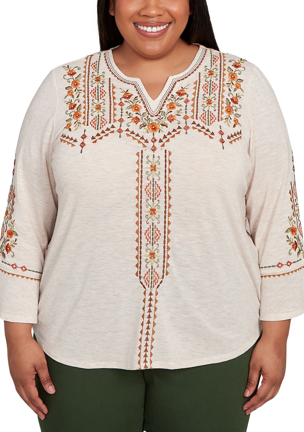 Plus Size Mount Laurel Geo Floral Embroidery Printed Back Top