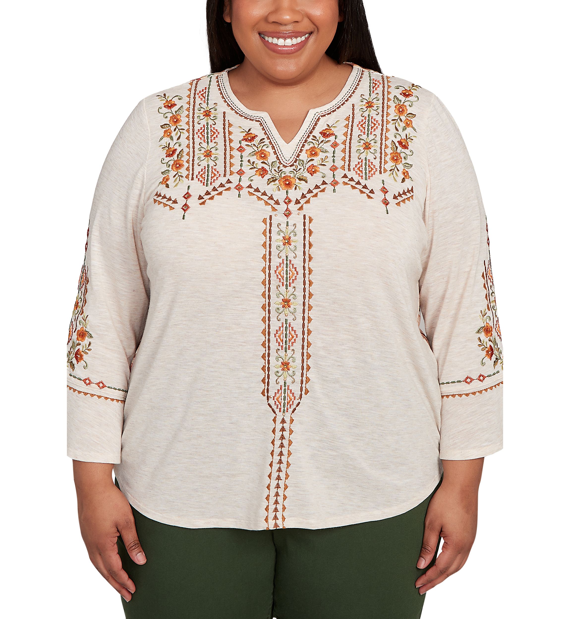Plus Size Mount Laurel Geo Floral Embroidery Printed Back Top