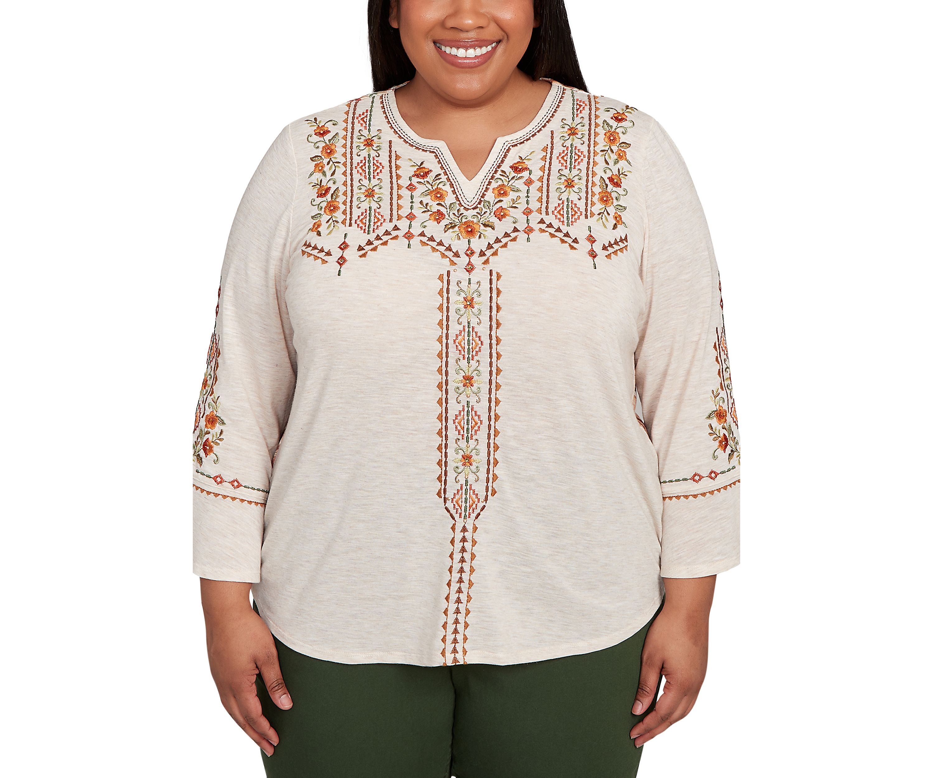 Plus Size Mount Laurel Geo Floral Embroidery Printed Back Top
