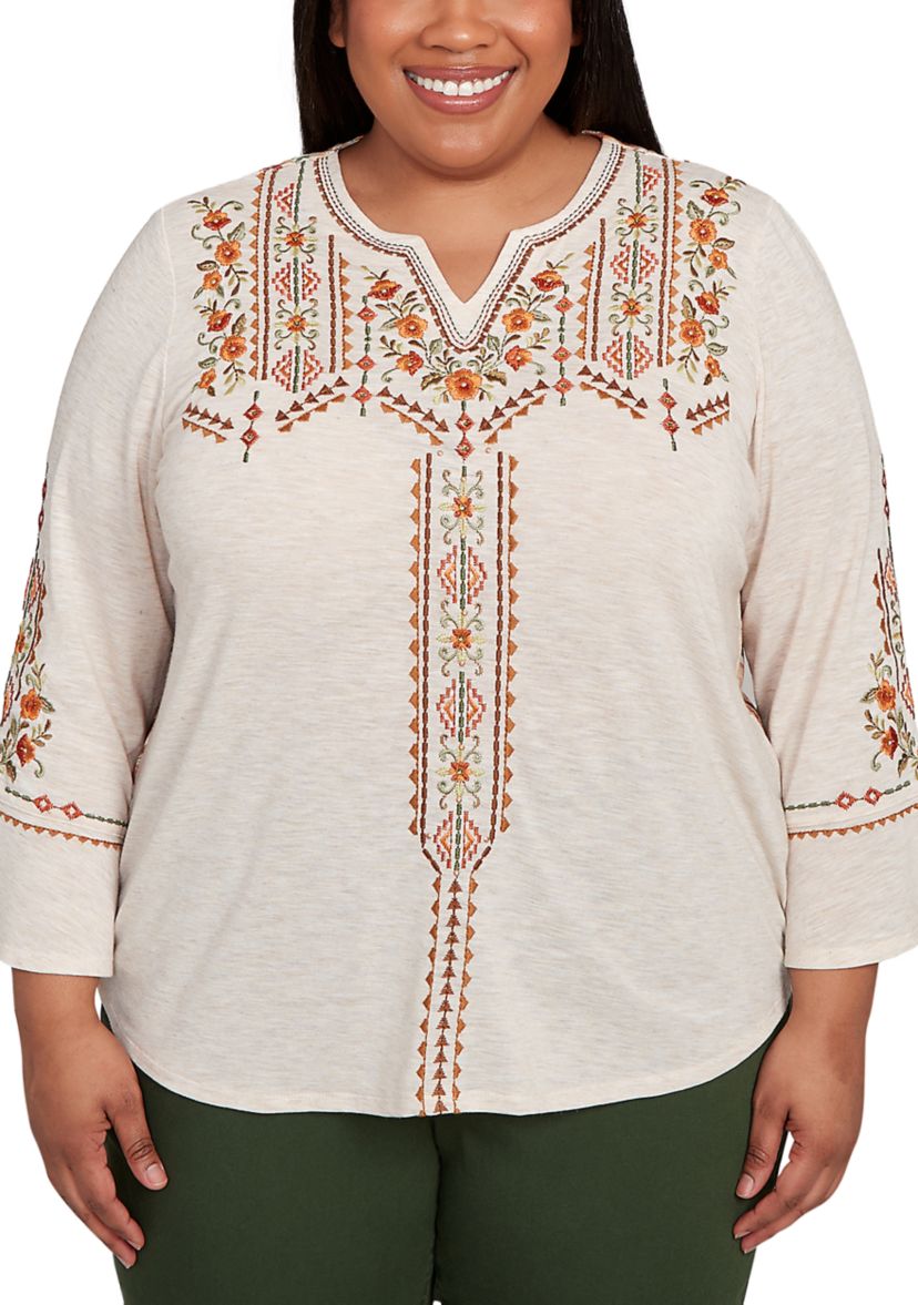 Plus Size Mount Laurel Geo Floral Embroidery Printed Back Top