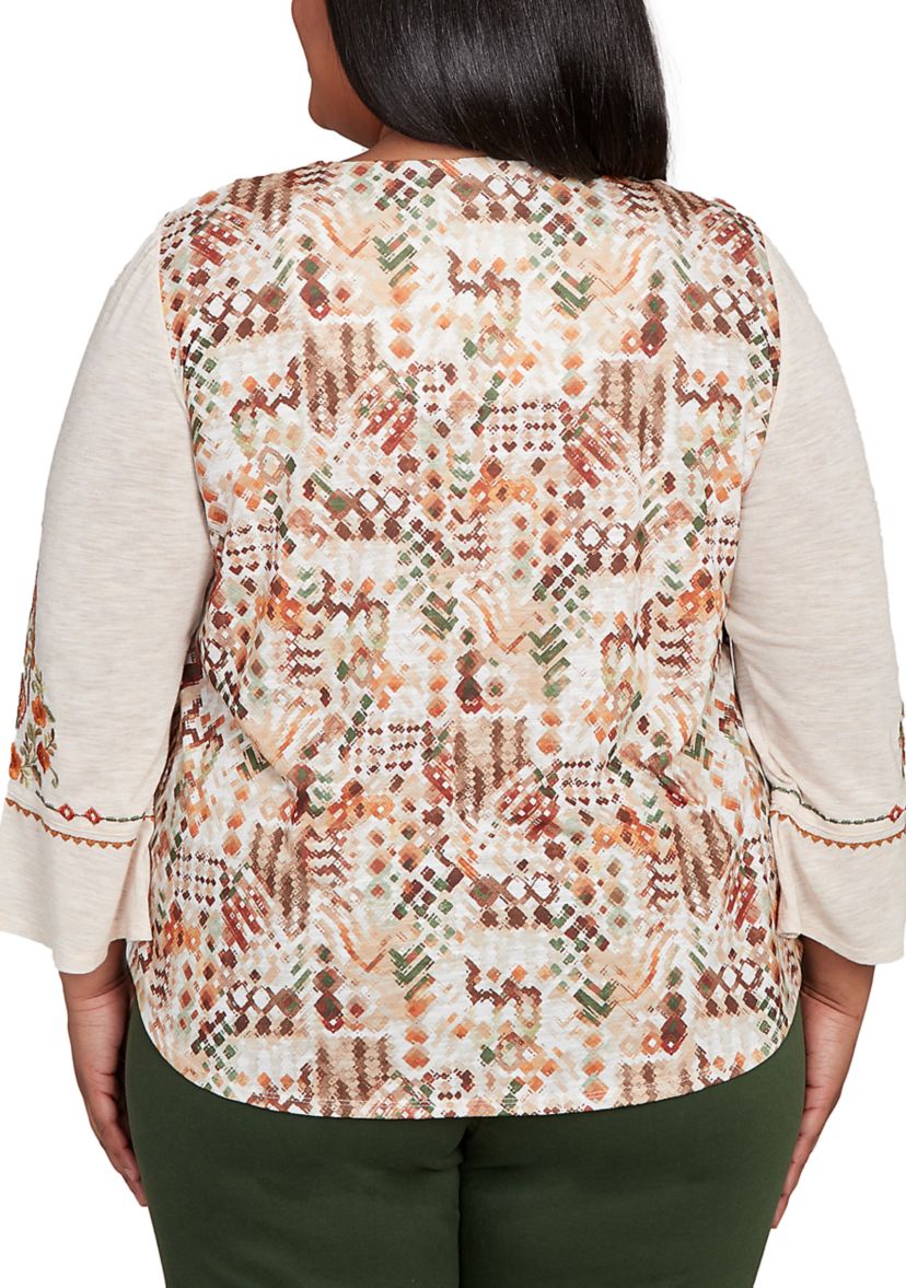 Plus Size Mount Laurel Geo Floral Embroidery Printed Back Top