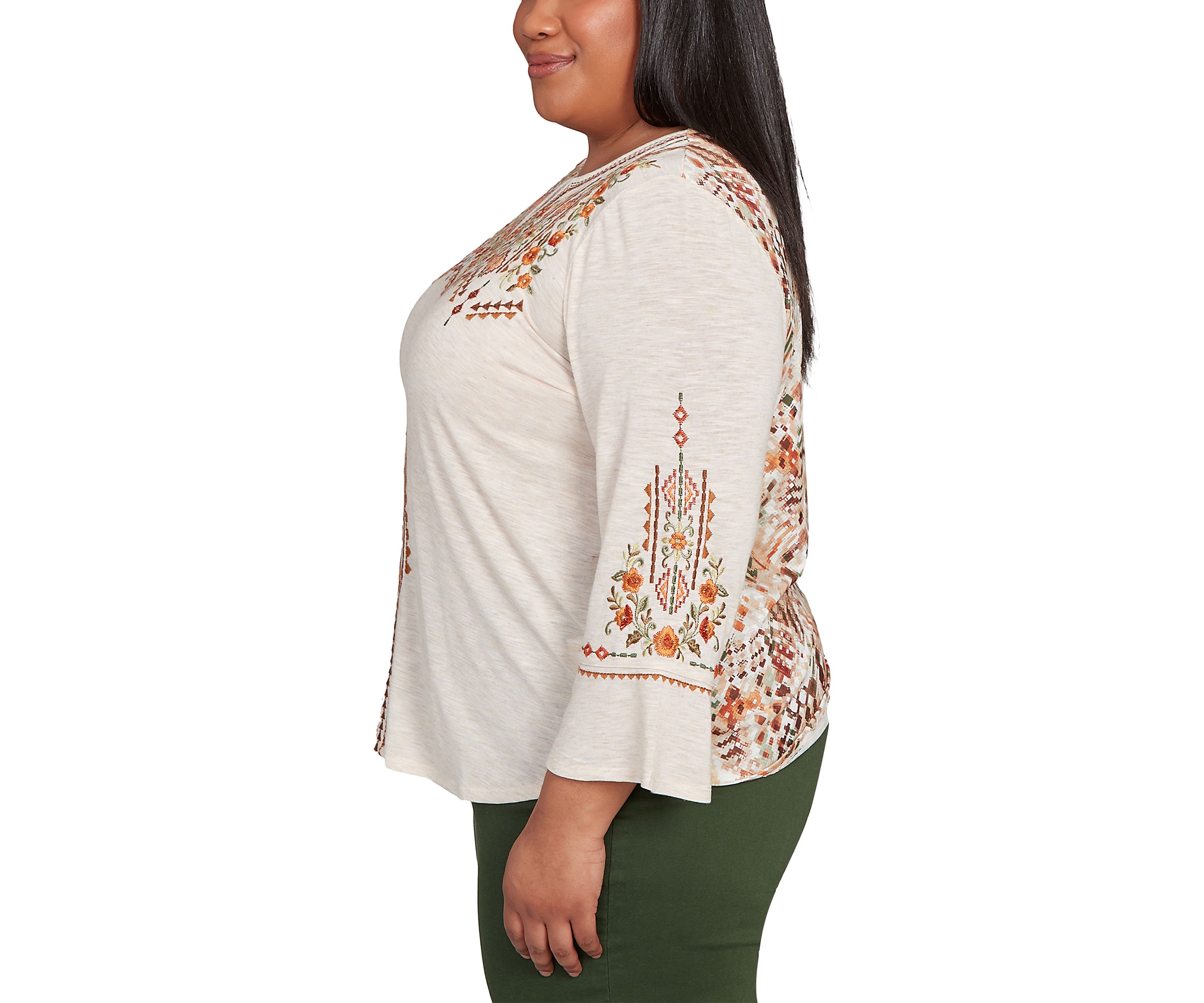 Plus Size Mount Laurel Geo Floral Embroidery Printed Back Top