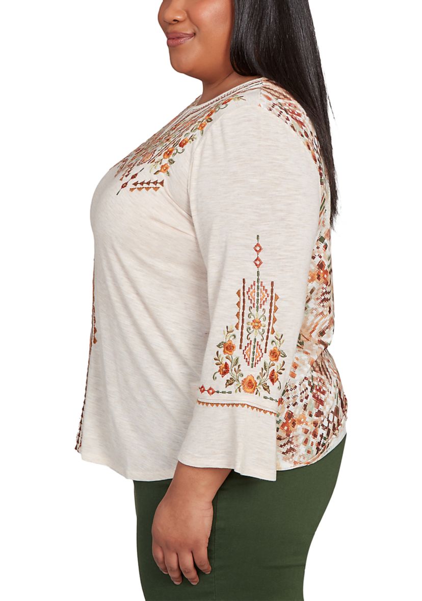 Plus Size Mount Laurel Geo Floral Embroidery Printed Back Top