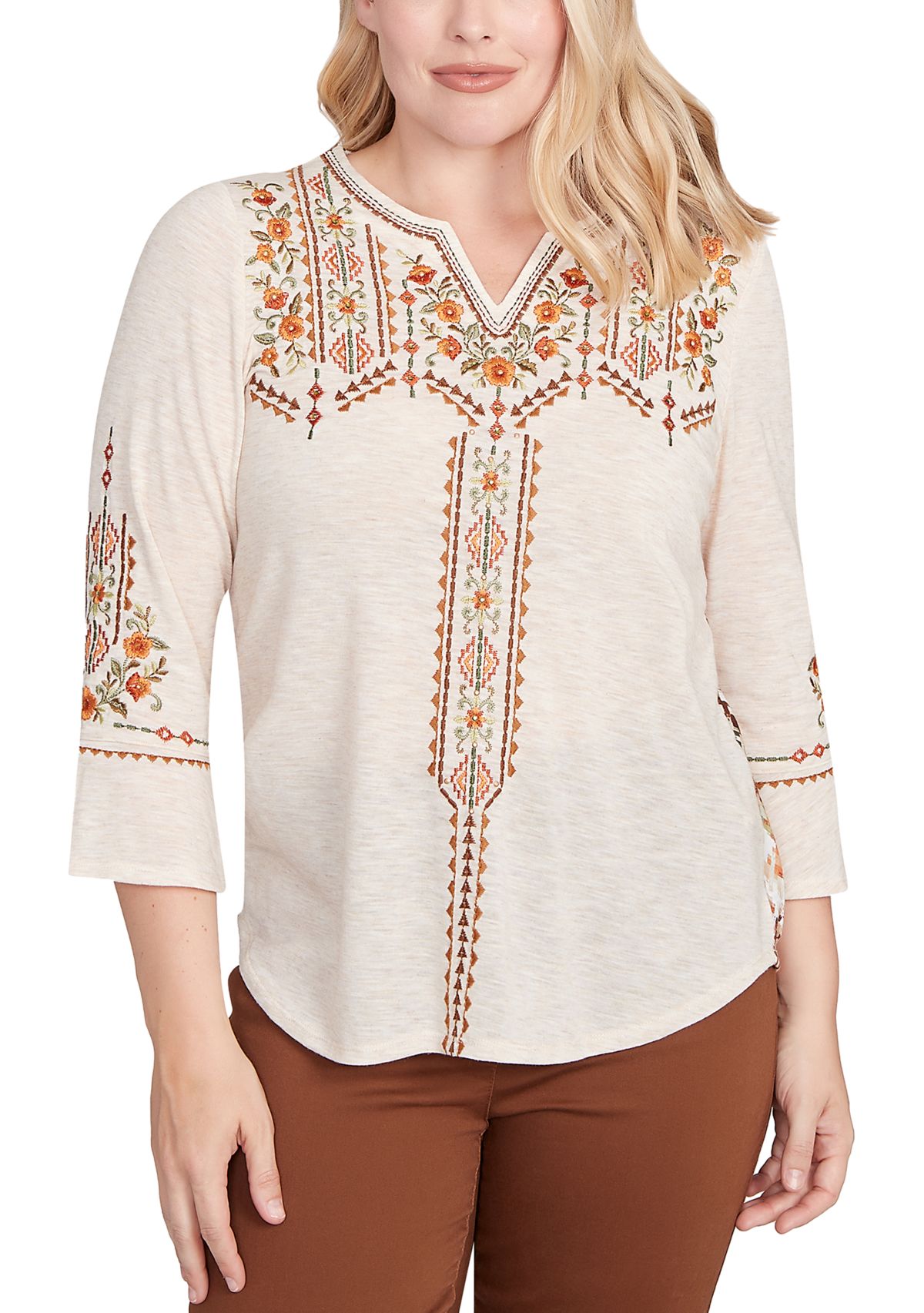 Petite Mount Laurel Geo Floral Embroidery Printed Back Top