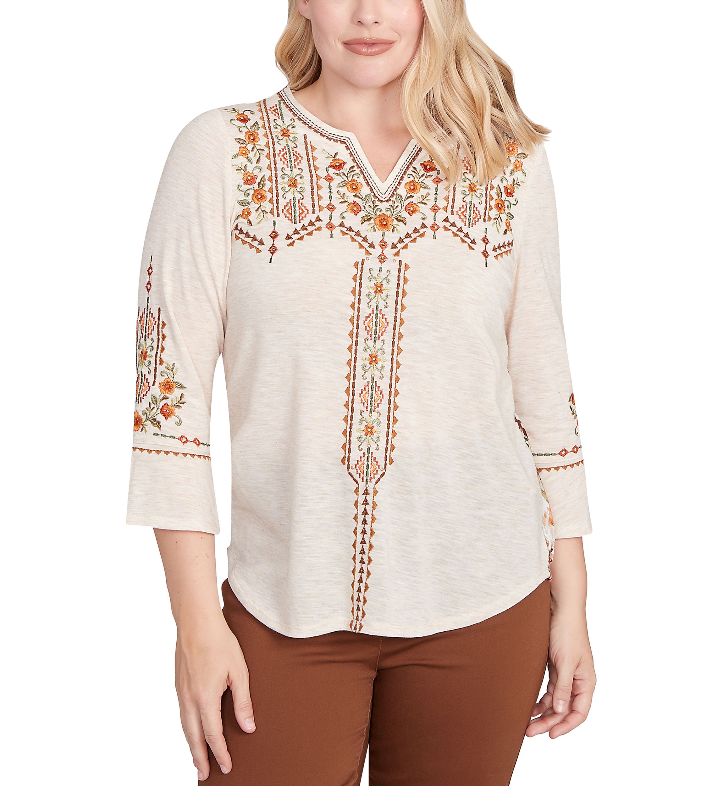 Petite Mount Laurel Geo Floral Embroidery Printed Back Top