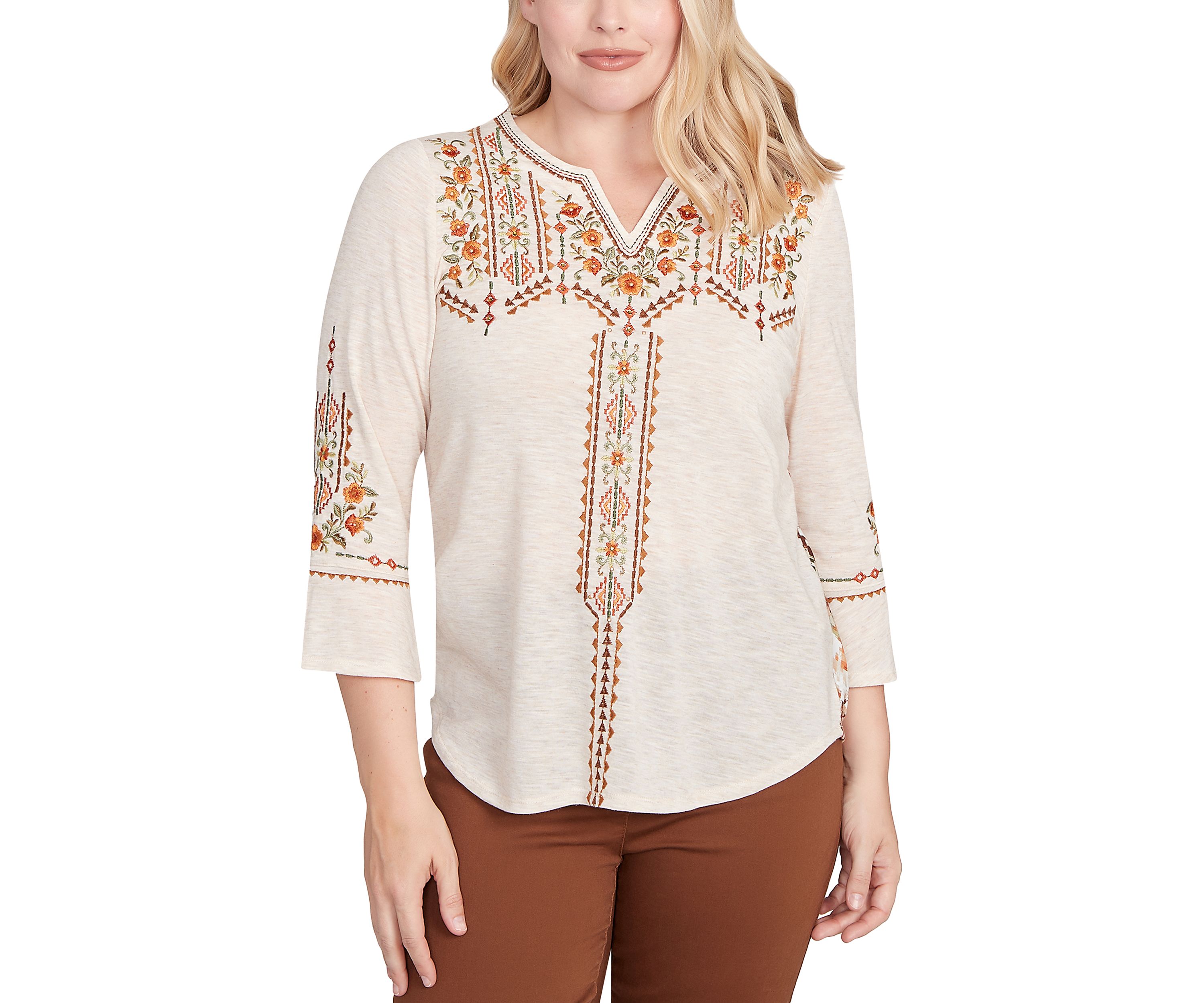 Petite Mount Laurel Geo Floral Embroidery Printed Back Top