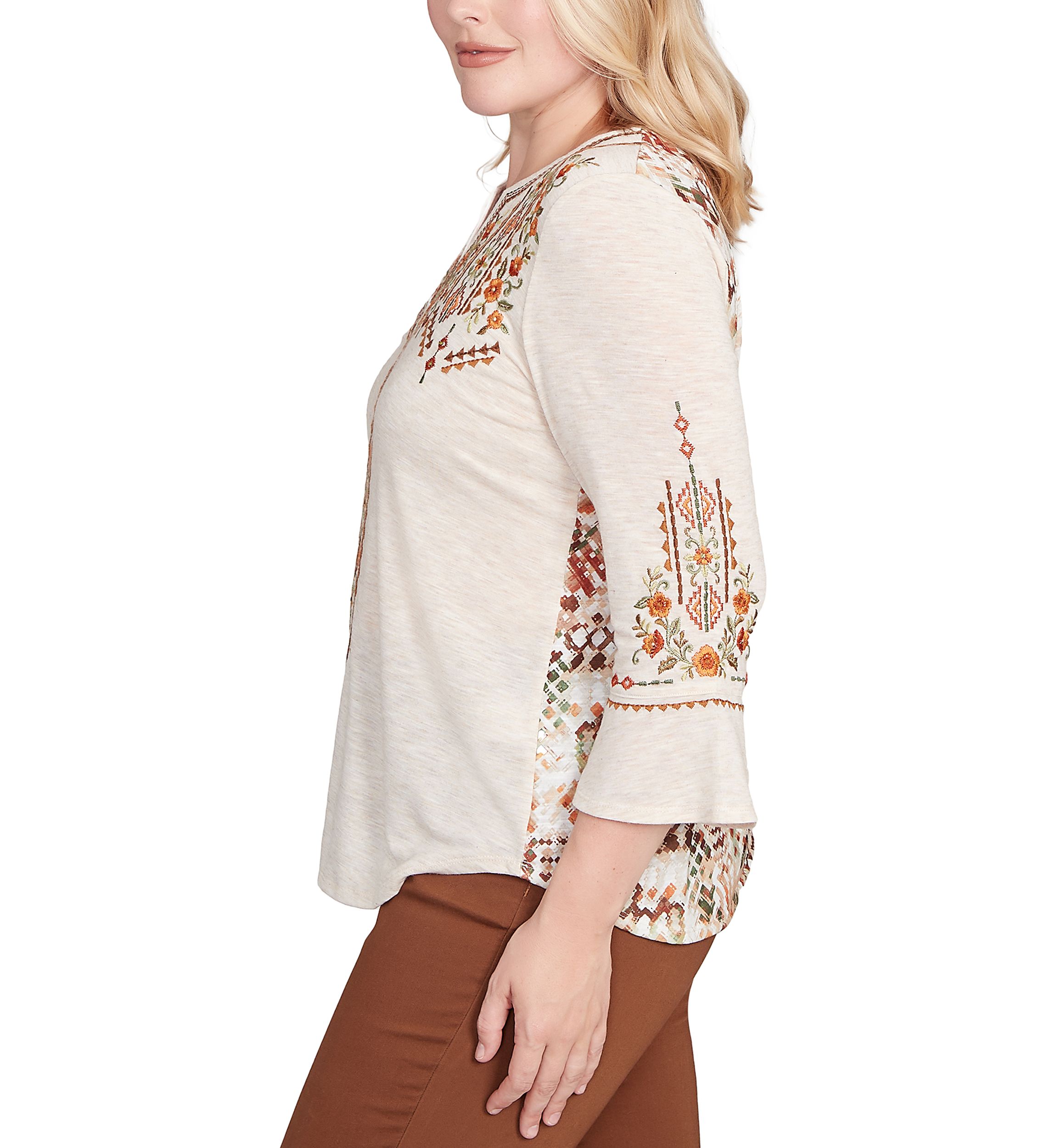 Petite Mount Laurel Geo Floral Embroidery Printed Back Top