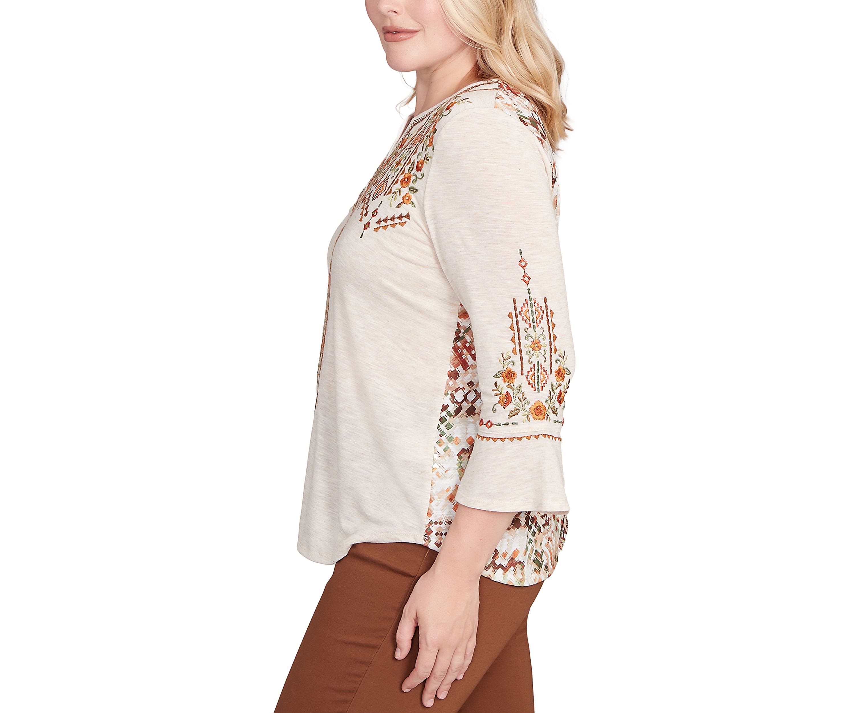 Petite Mount Laurel Geo Floral Embroidery Printed Back Top