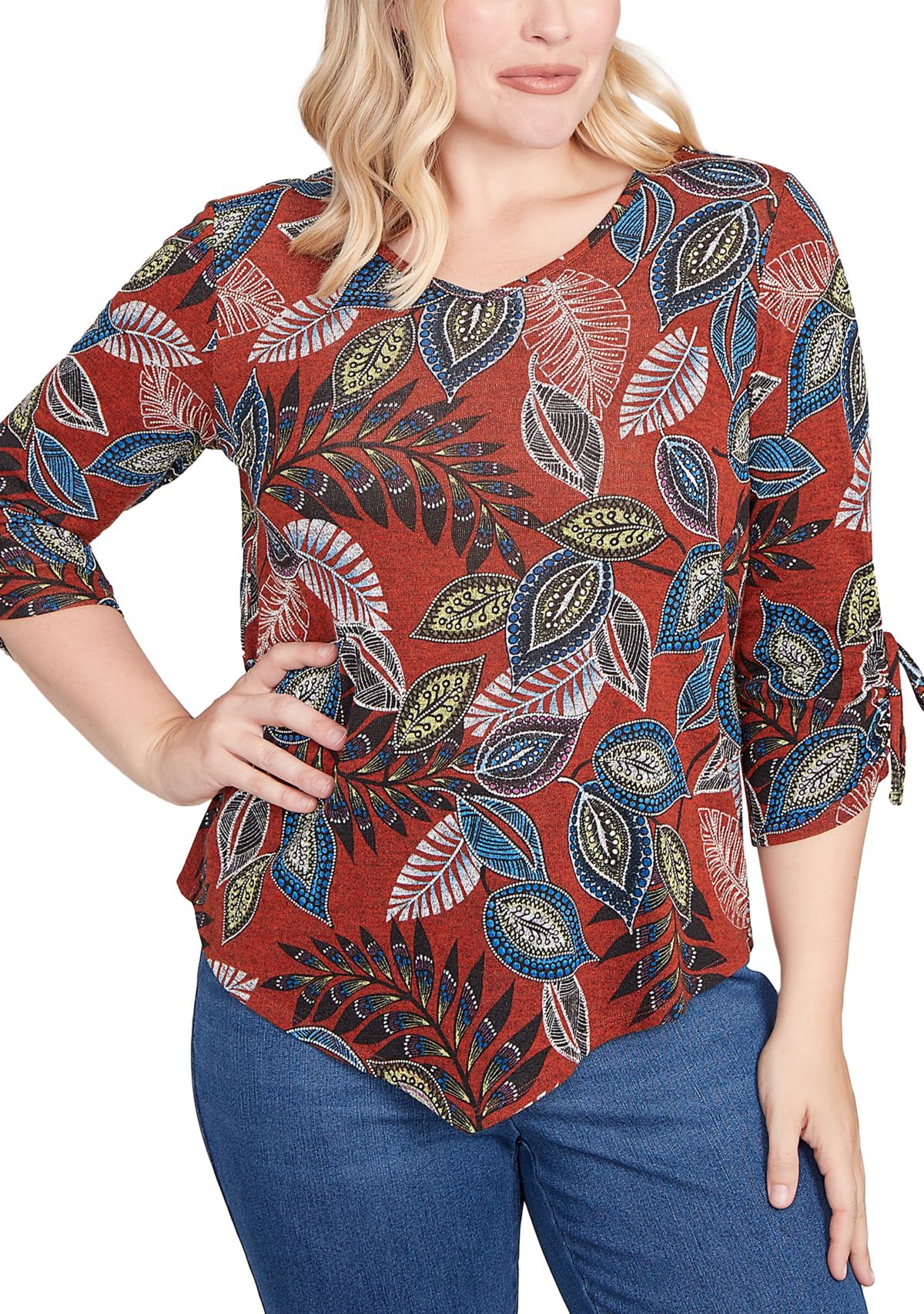 Womens  Sunset Canyon Batik Leaves Melange Top