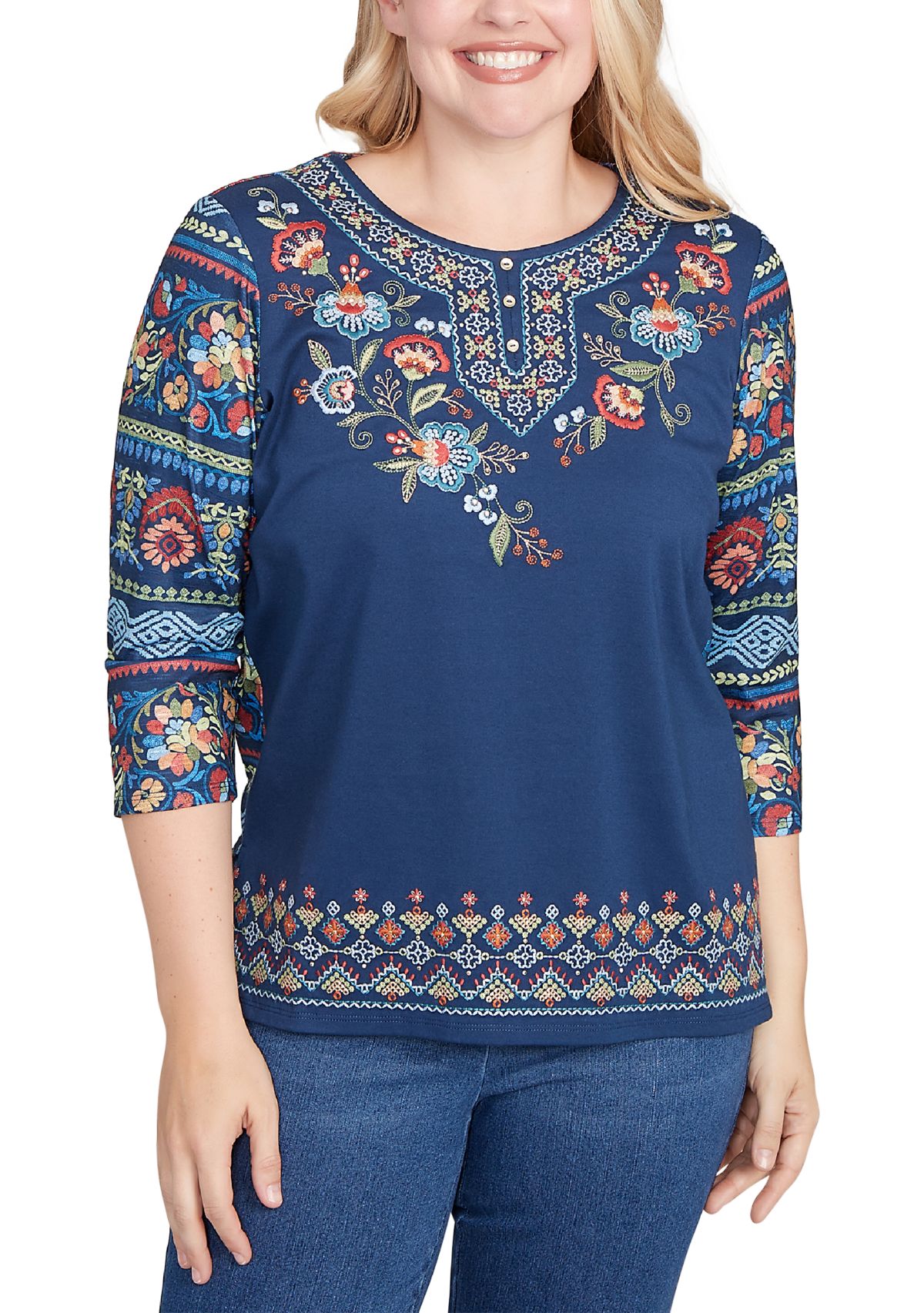 Womens Sunset Canyon Floral Embroidery Top with Print Sleeves