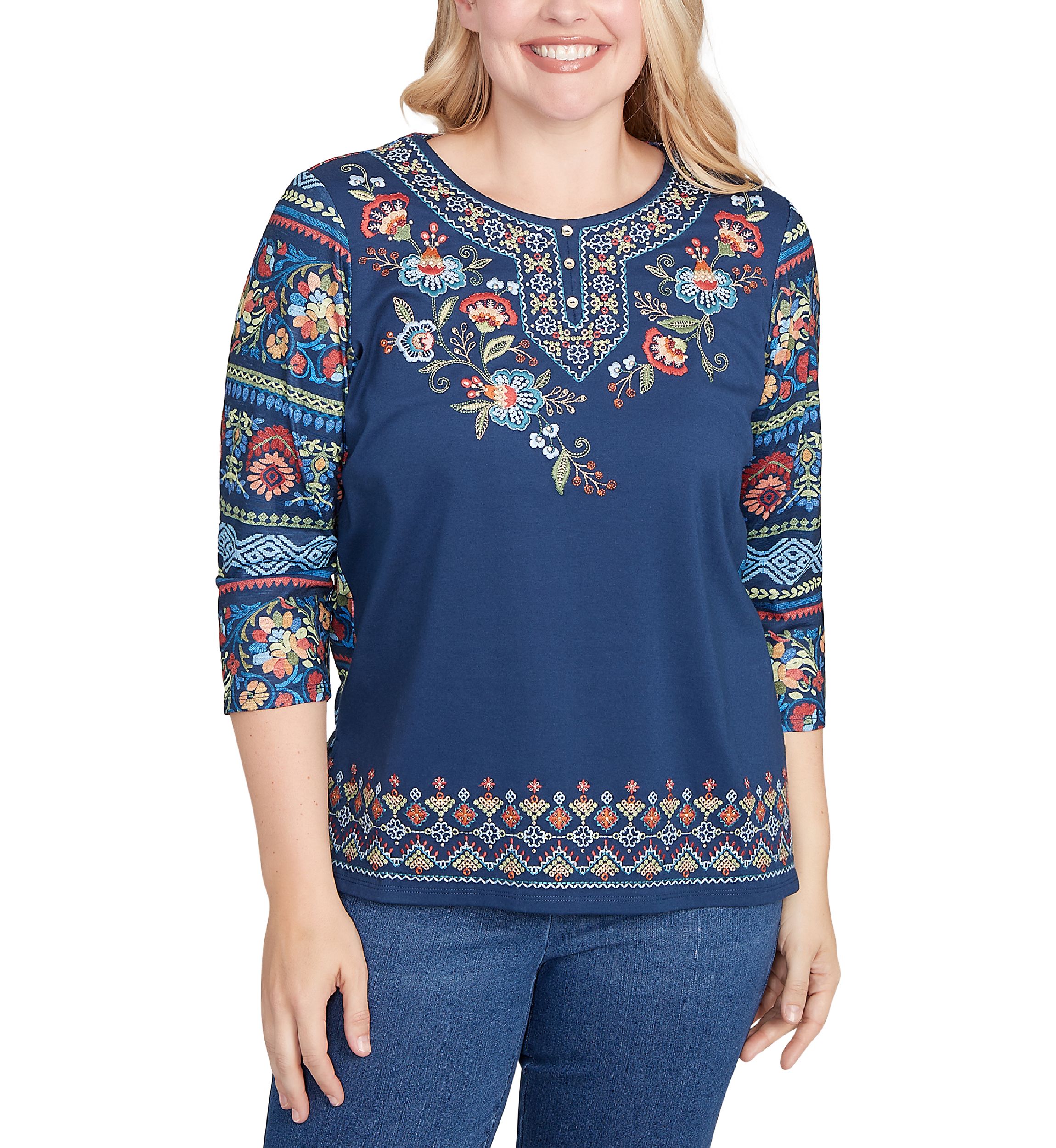 Womens Sunset Canyon Floral Embroidery Top with Print Sleeves
