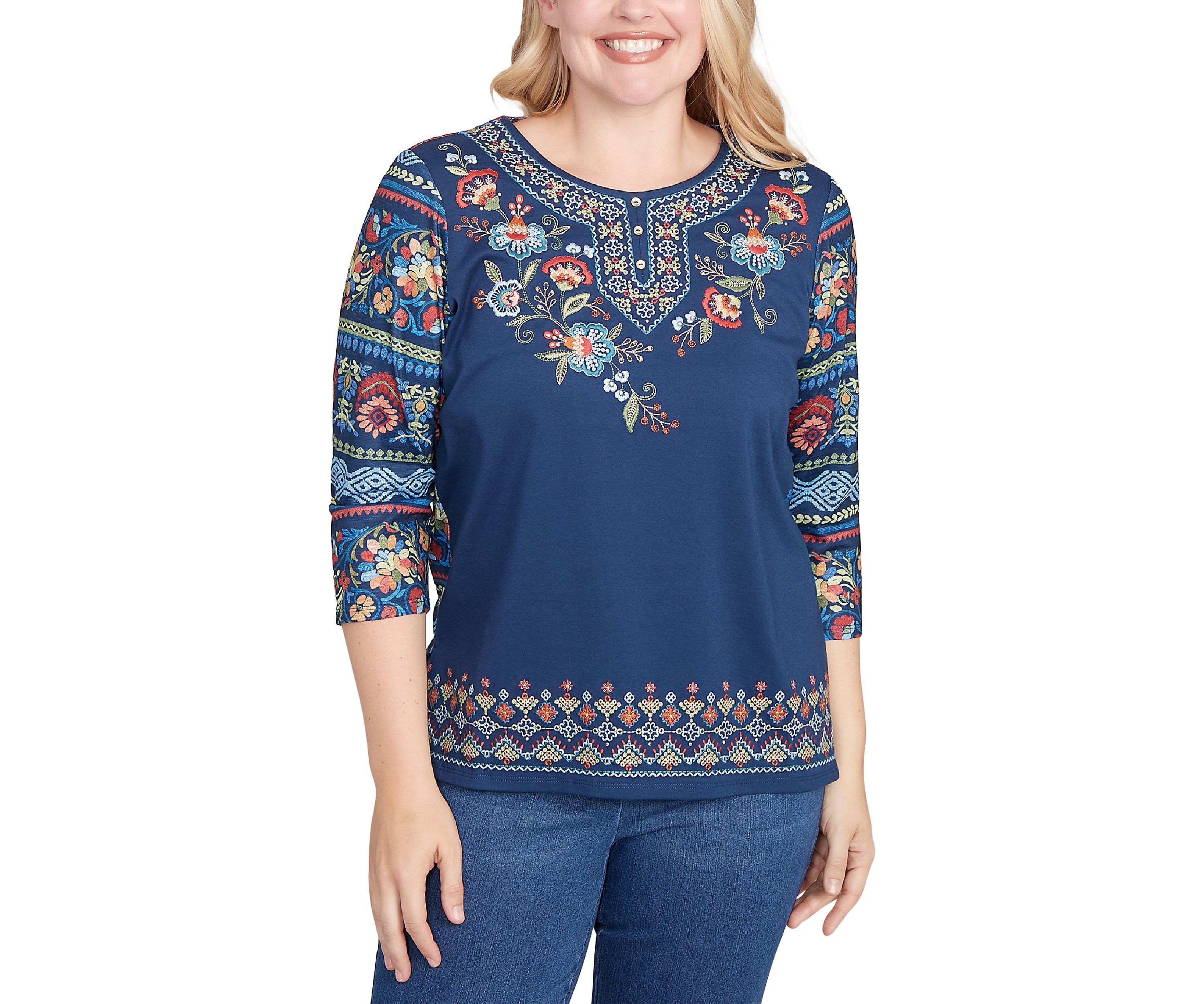 Womens Sunset Canyon Floral Embroidery Top with Print Sleeves