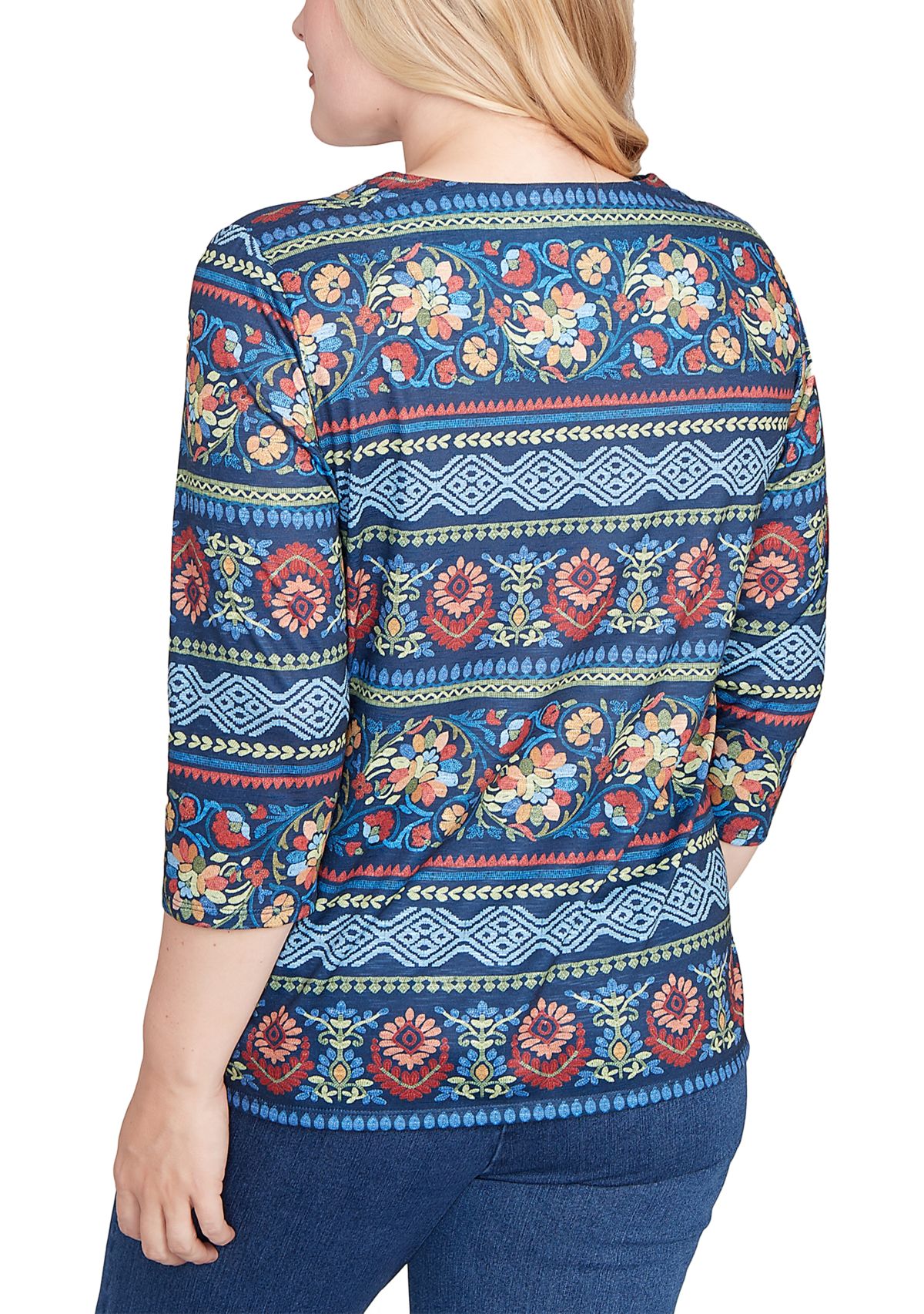 Womens Sunset Canyon Floral Embroidery Top with Print Sleeves