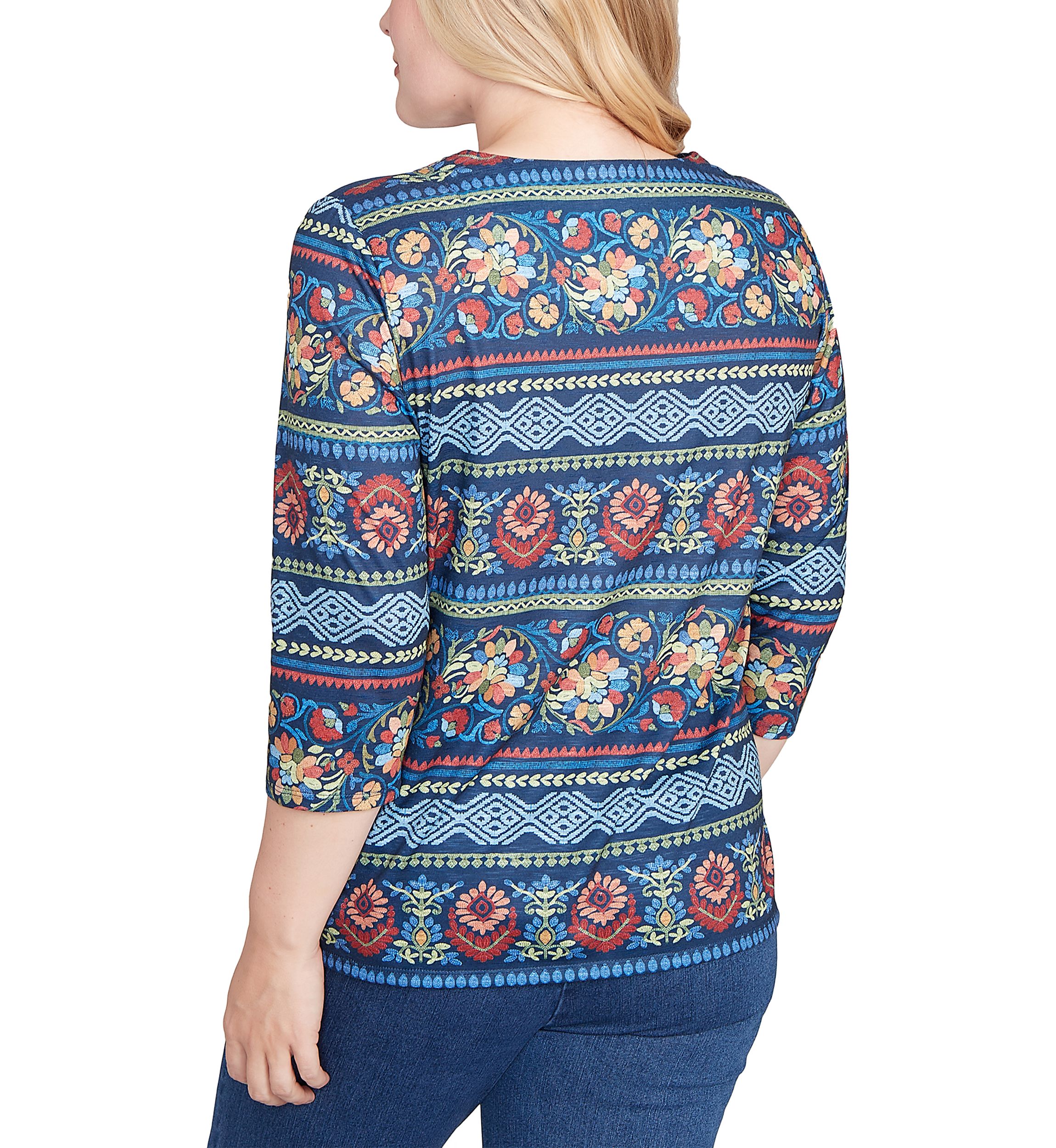 Womens Sunset Canyon Floral Embroidery Top with Print Sleeves