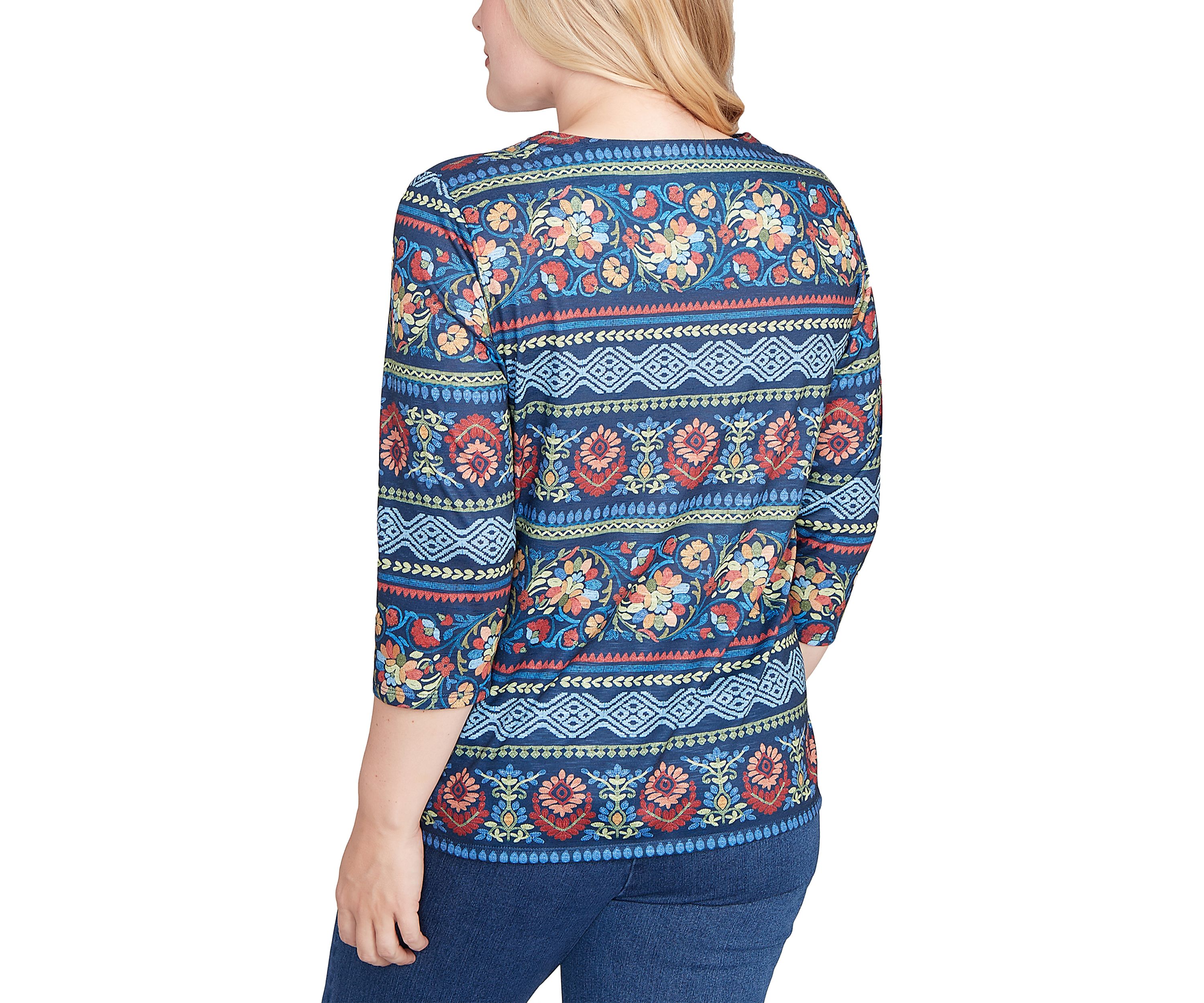 Womens Sunset Canyon Floral Embroidery Top with Print Sleeves