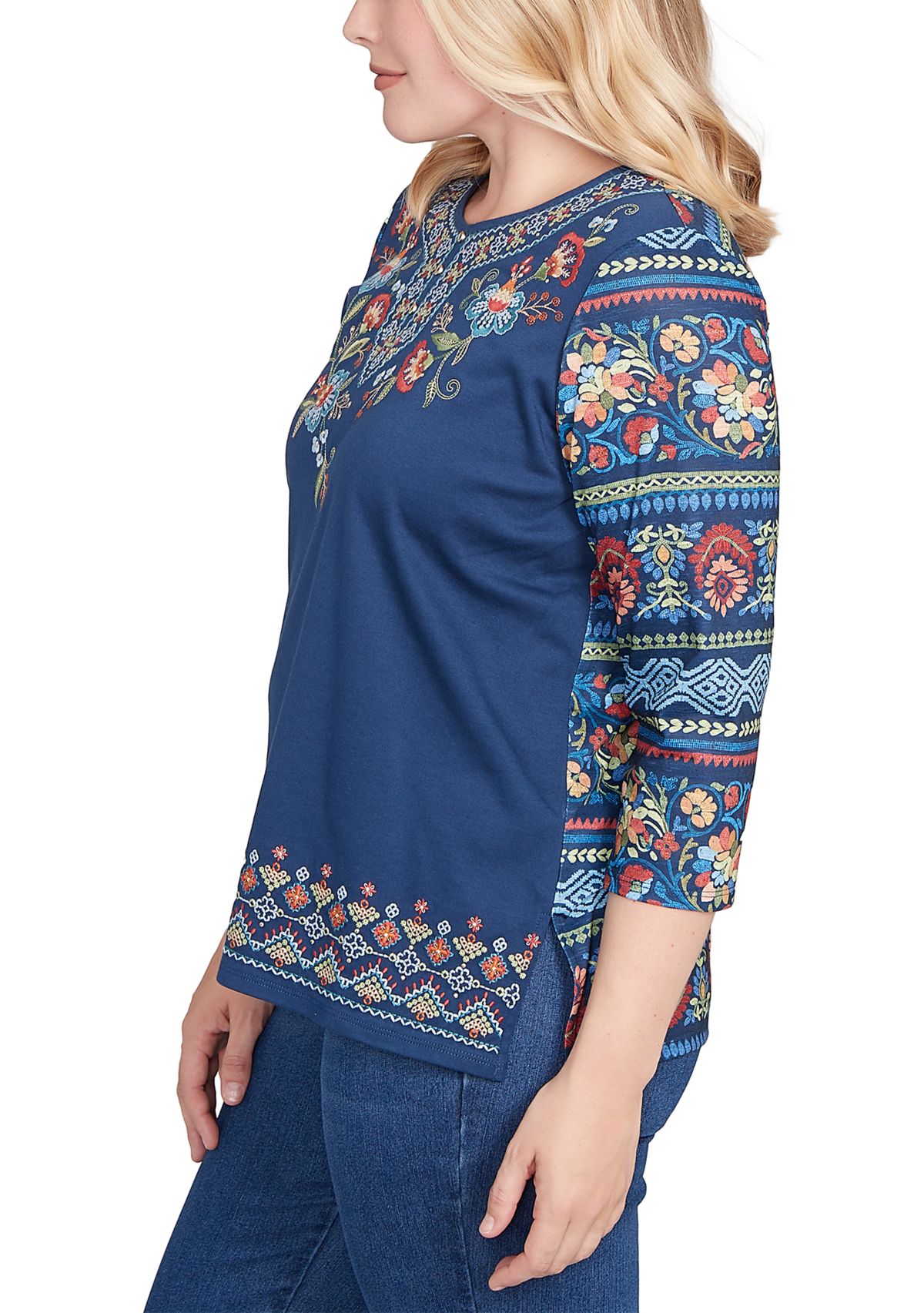 Womens Sunset Canyon Floral Embroidery Top with Print Sleeves