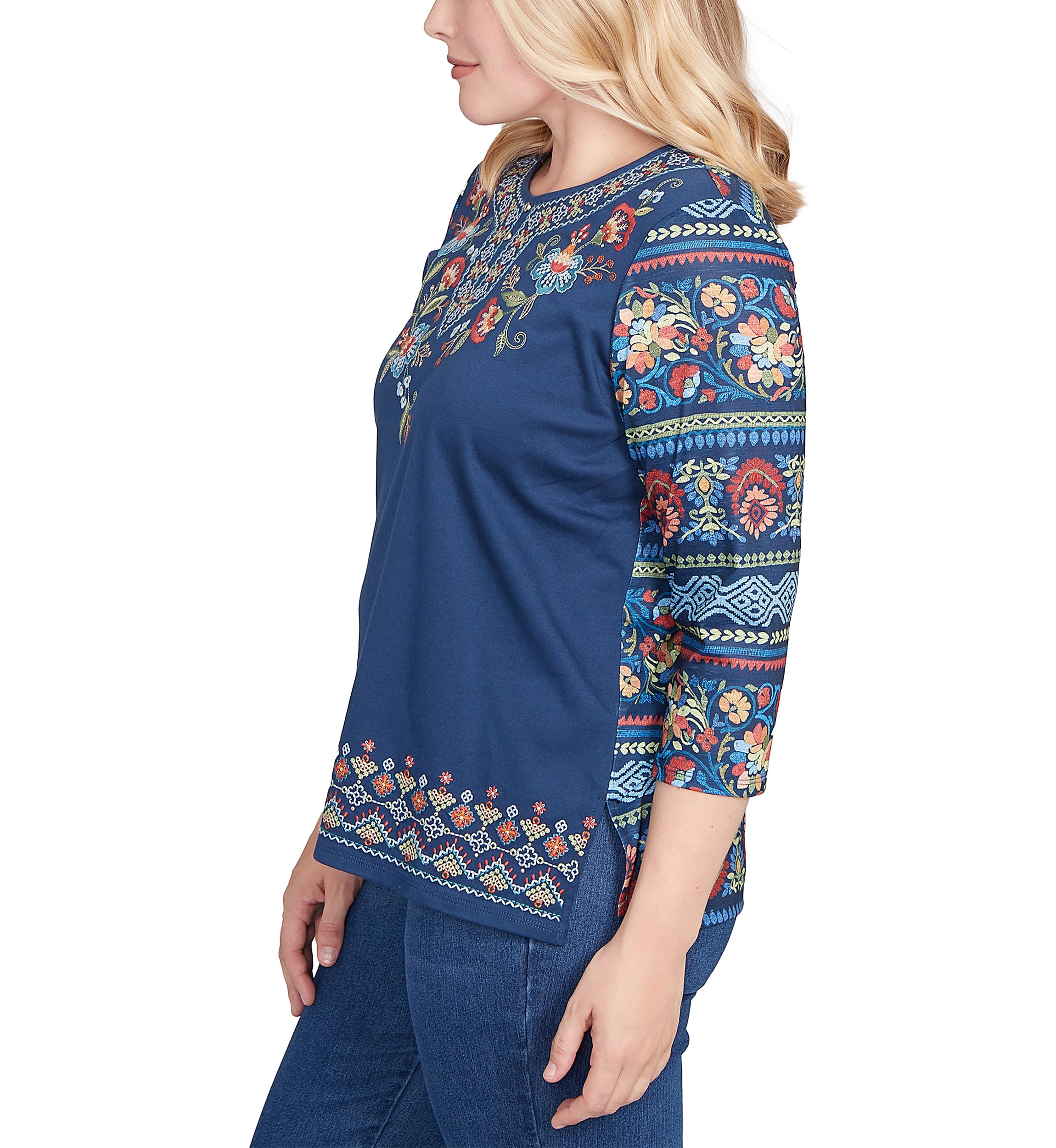 Womens Sunset Canyon Floral Embroidery Top with Print Sleeves