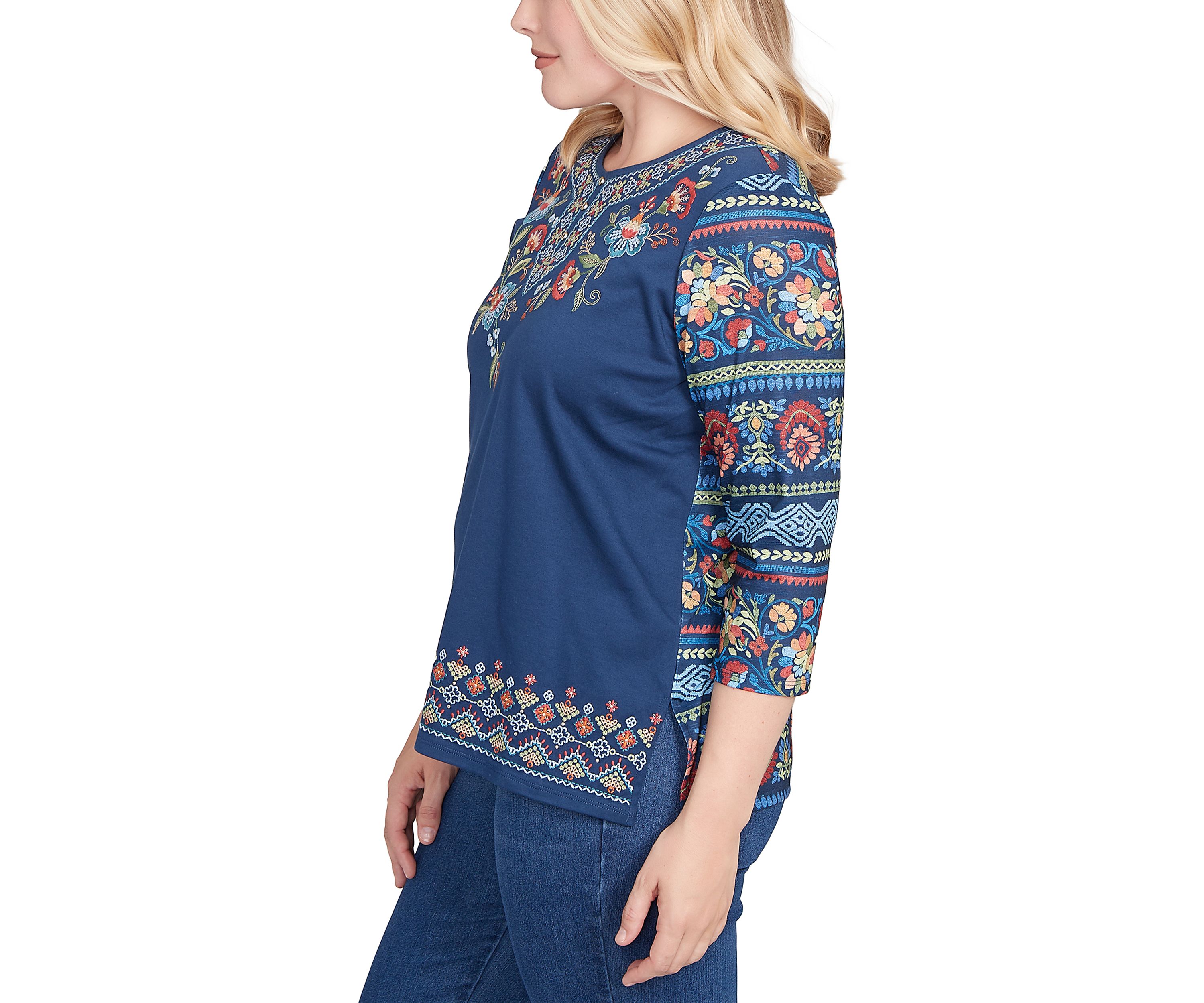 Womens Sunset Canyon Floral Embroidery Top with Print Sleeves