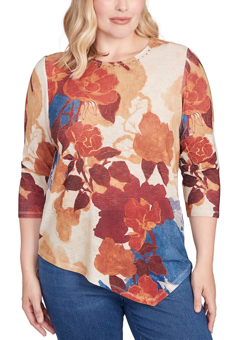 Womens Sunset Canyon Drama Abstract Floral Top 