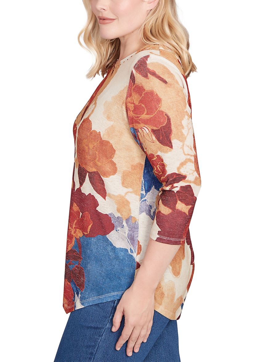 Womens Sunset Canyon Drama Abstract Floral Top 