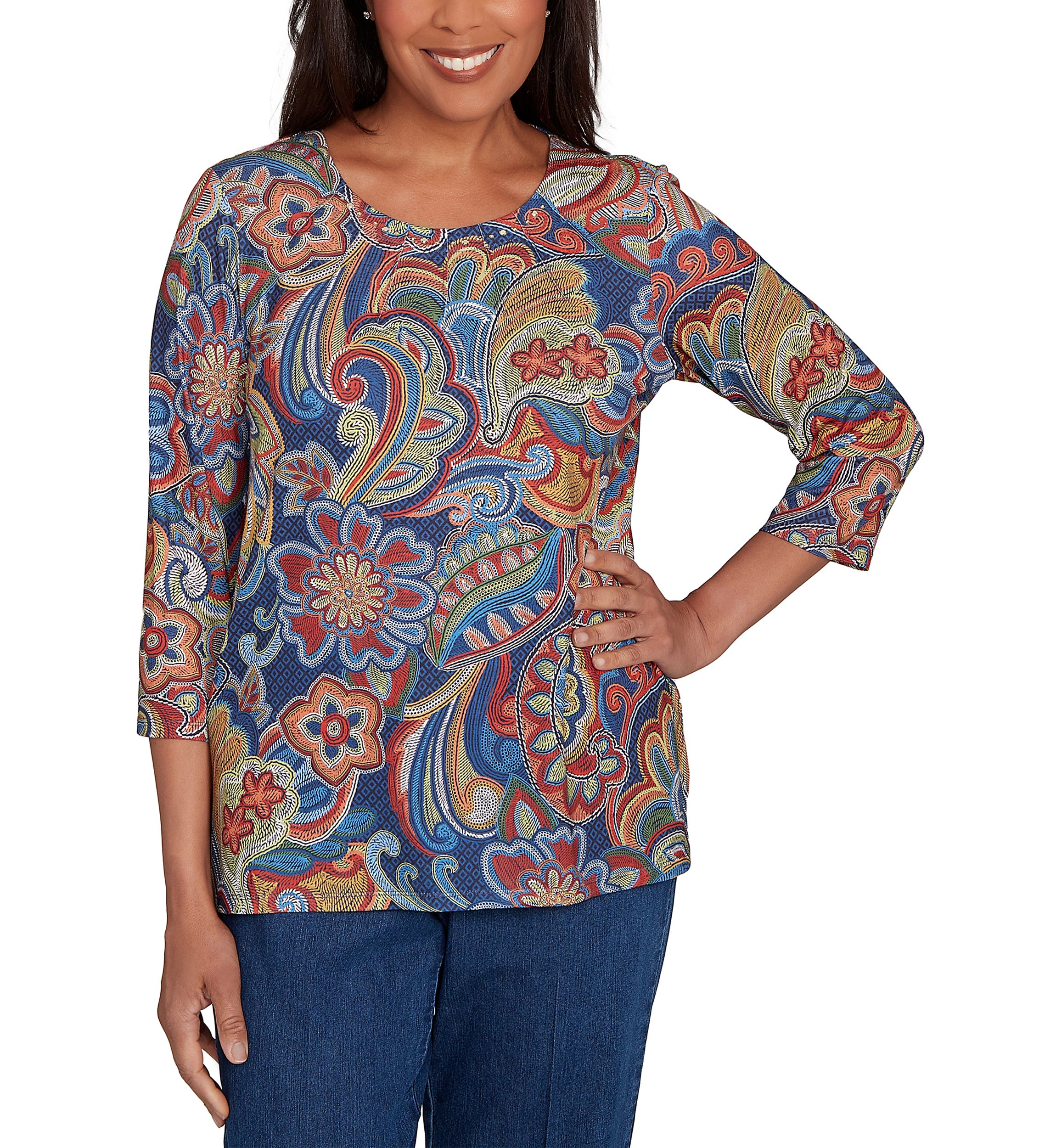Womens Sunset Canyon Stitched Floral Batik Top