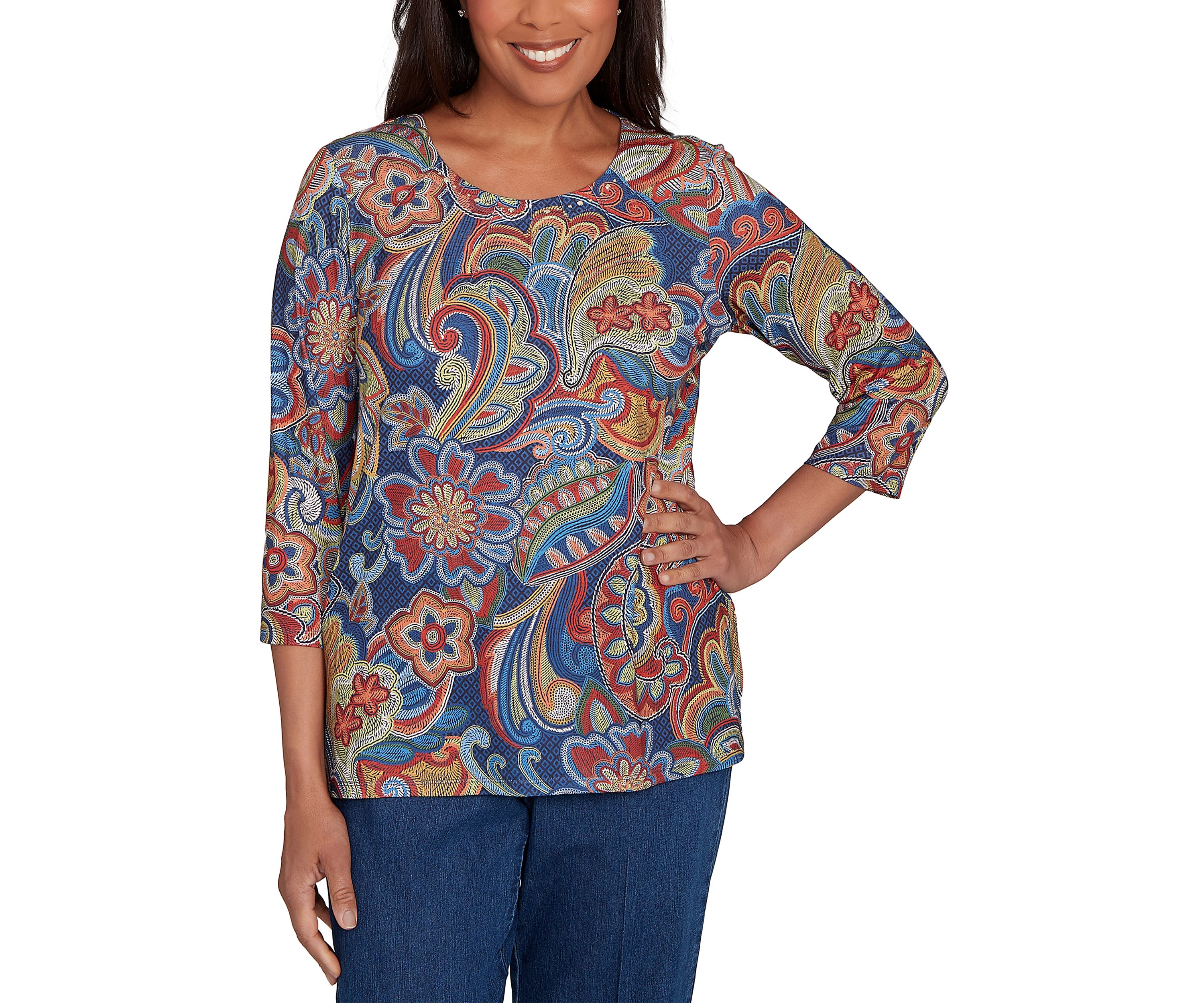 Womens Sunset Canyon Stitched Floral Batik Top
