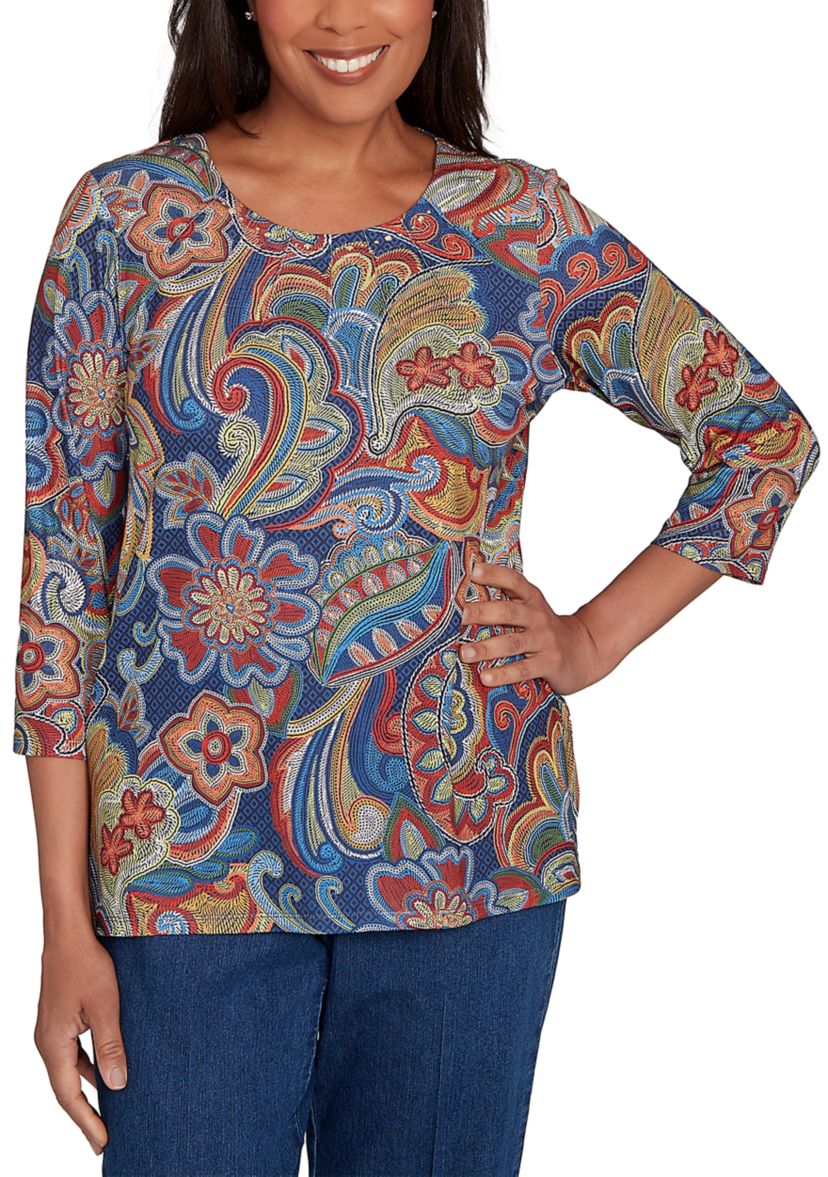 Womens Sunset Canyon Stitched Floral Batik Top