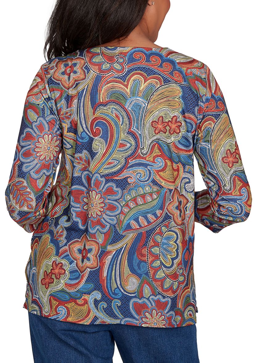 Womens Sunset Canyon Stitched Floral Batik Top