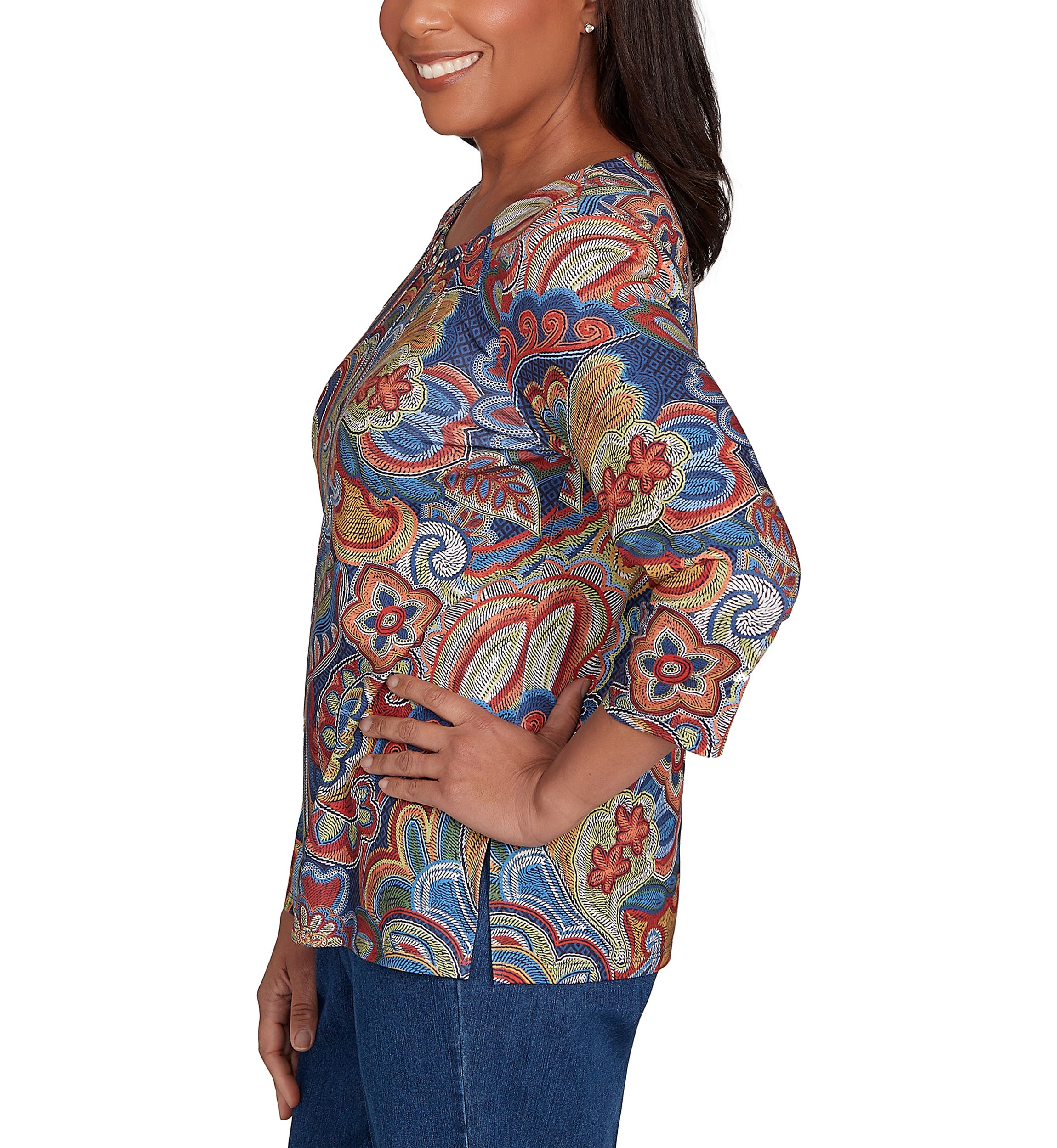 Womens Sunset Canyon Stitched Floral Batik Top