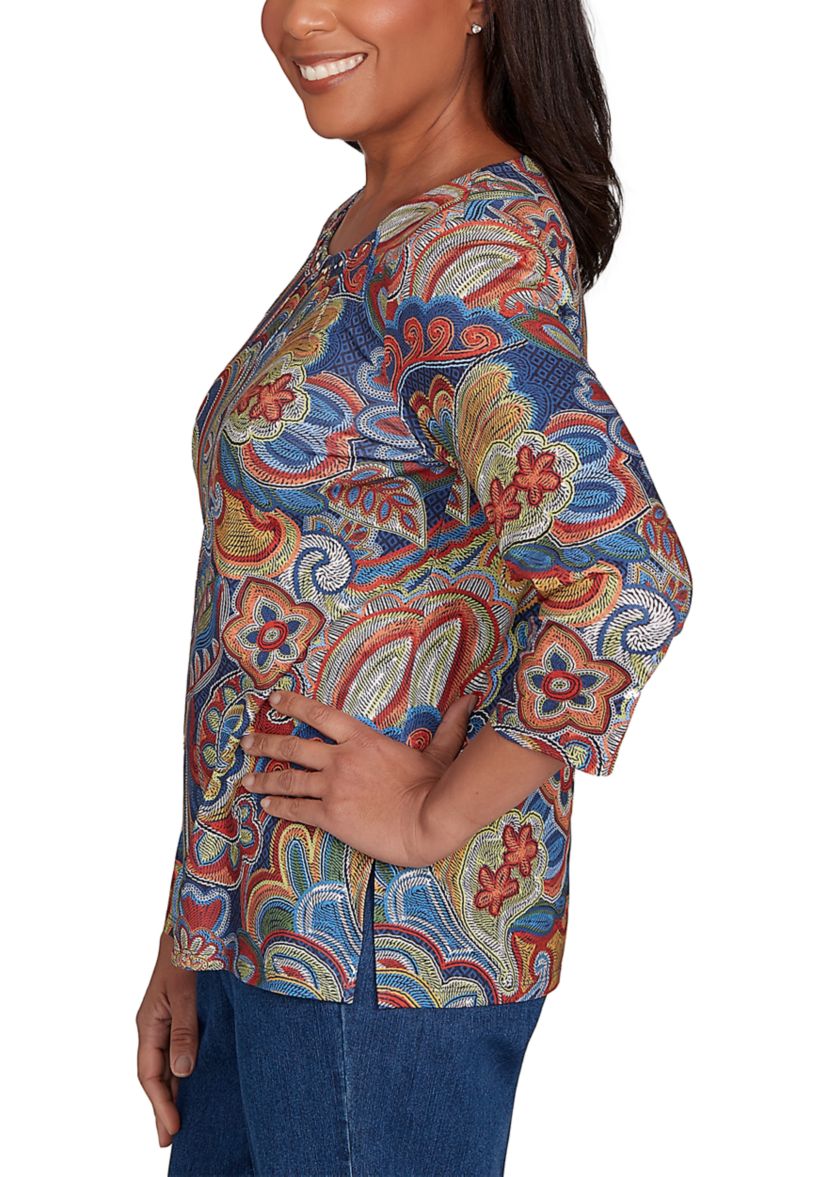 Womens Sunset Canyon Stitched Floral Batik Top