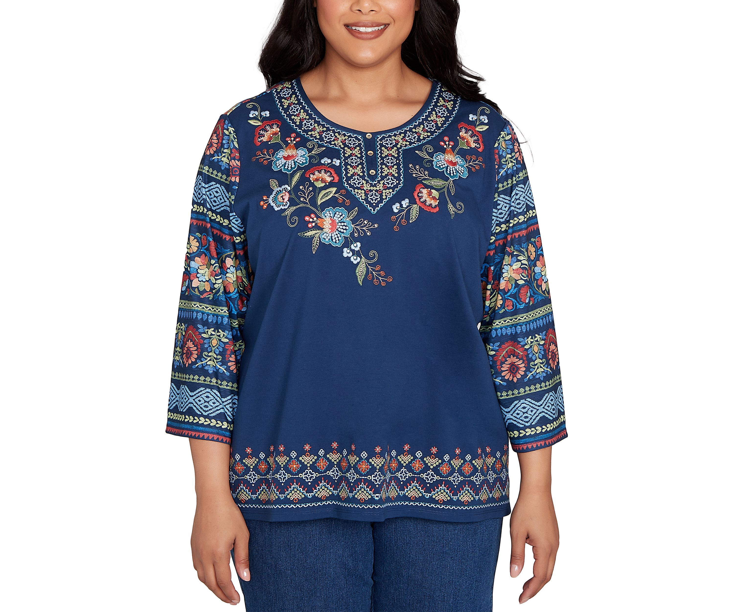 Plus Size Sunset Canyon Floral Embroidery with Print Sleeves