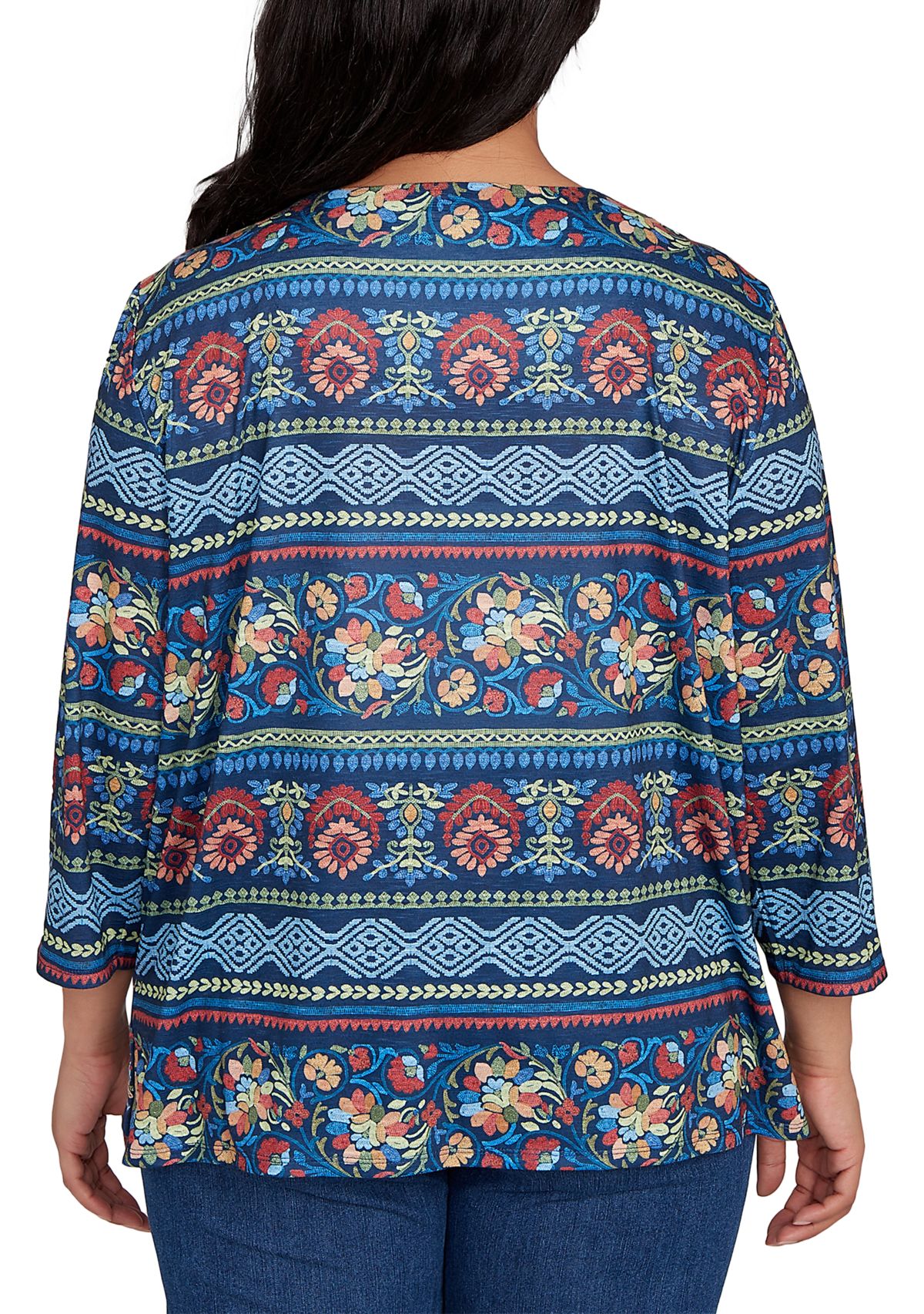 Plus Size Sunset Canyon Floral Embroidery with Print Sleeves