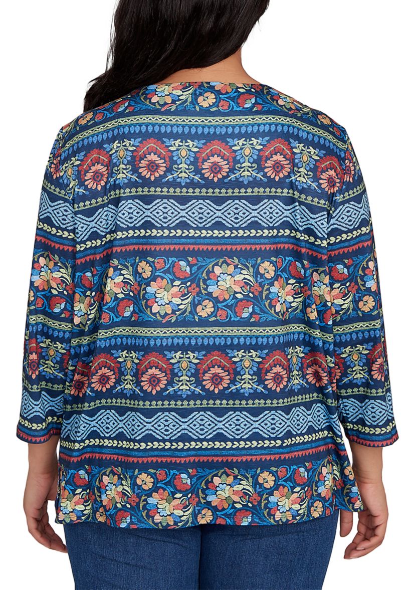 Plus Size Sunset Canyon Floral Embroidery with Print Sleeves