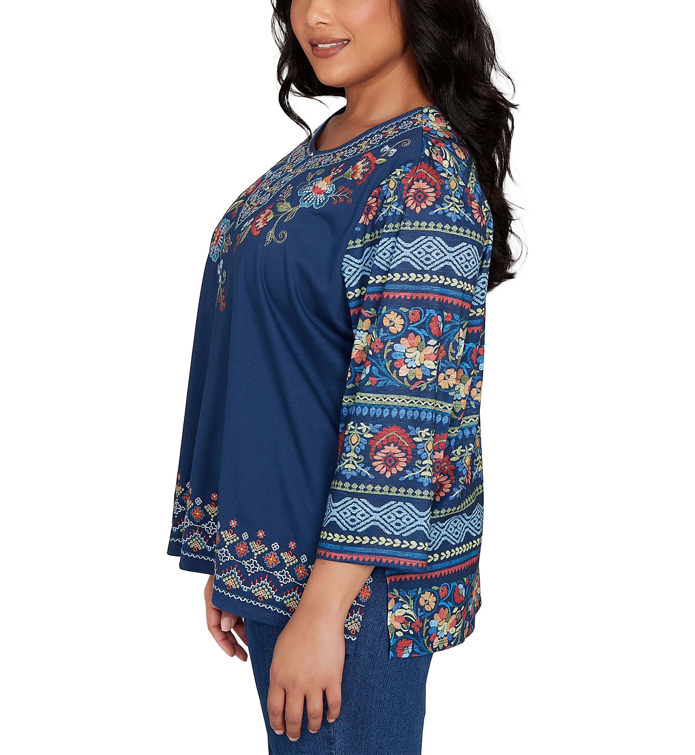 Plus Size Sunset Canyon Floral Embroidery with Print Sleeves