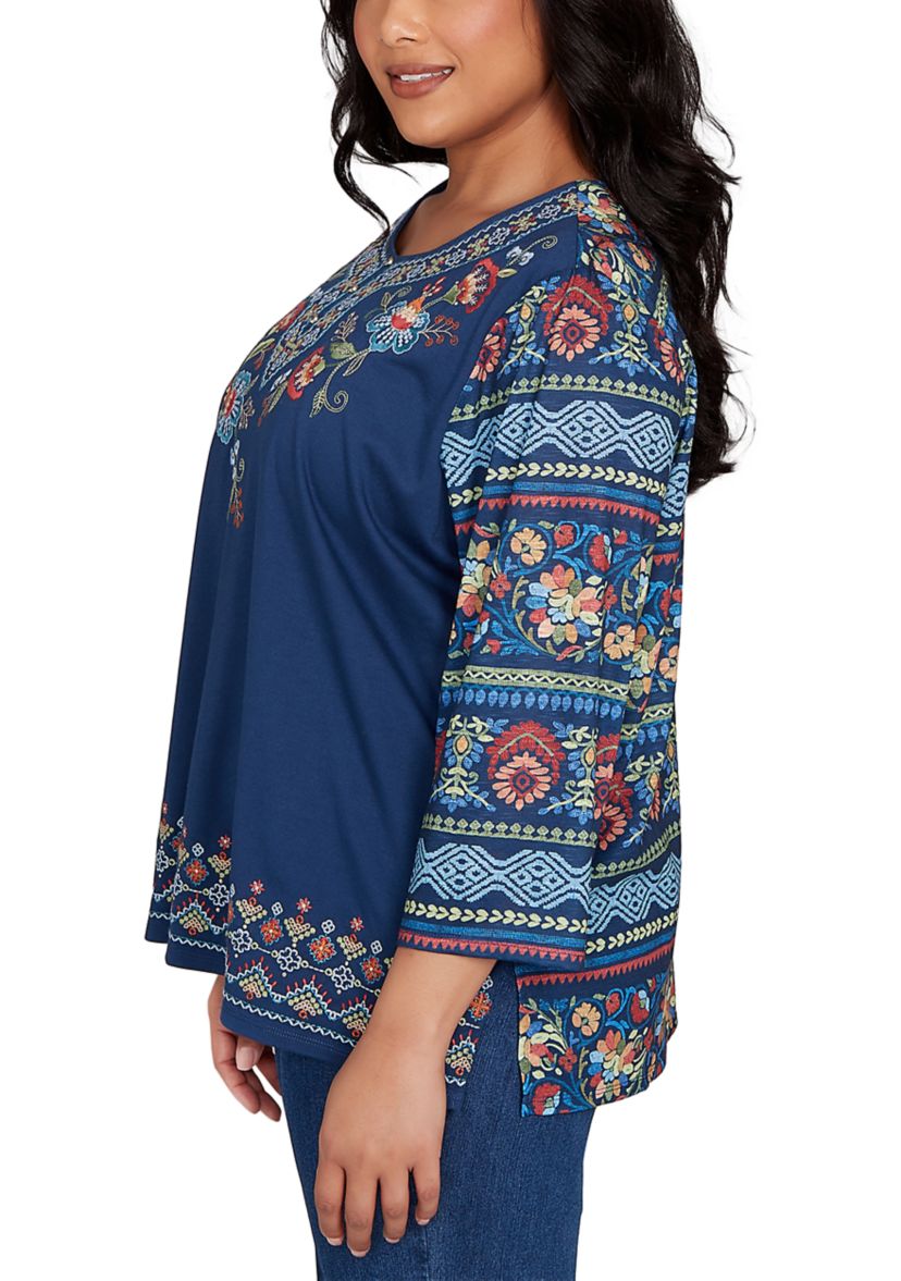 Plus Size Sunset Canyon Floral Embroidery with Print Sleeves