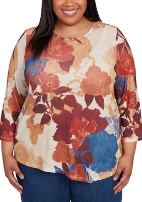 Alfred Dunner Women's Plus Size Sunset Canyon Drama Abstract Floral Top, 3X