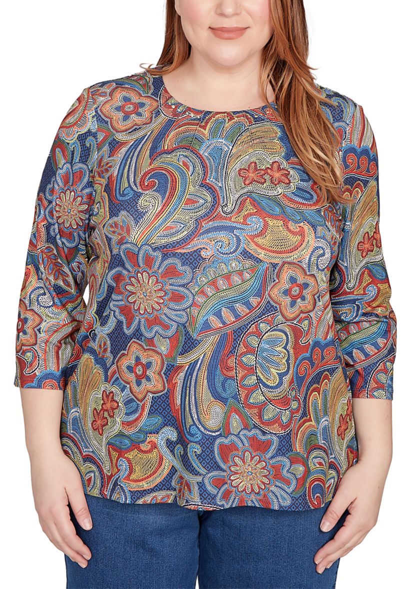 Plus Size Sunset Canyon Stitched Floral Batik Top
