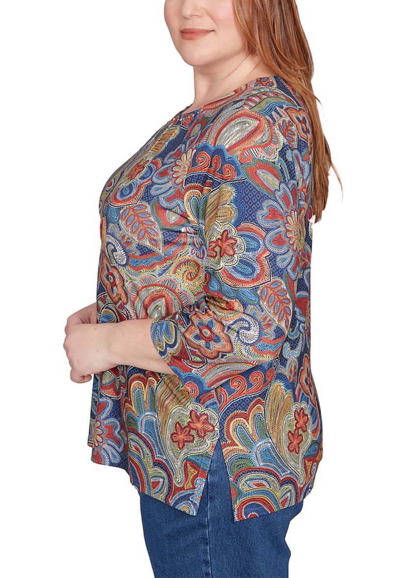 Plus Size Sunset Canyon Stitched Floral Batik Top