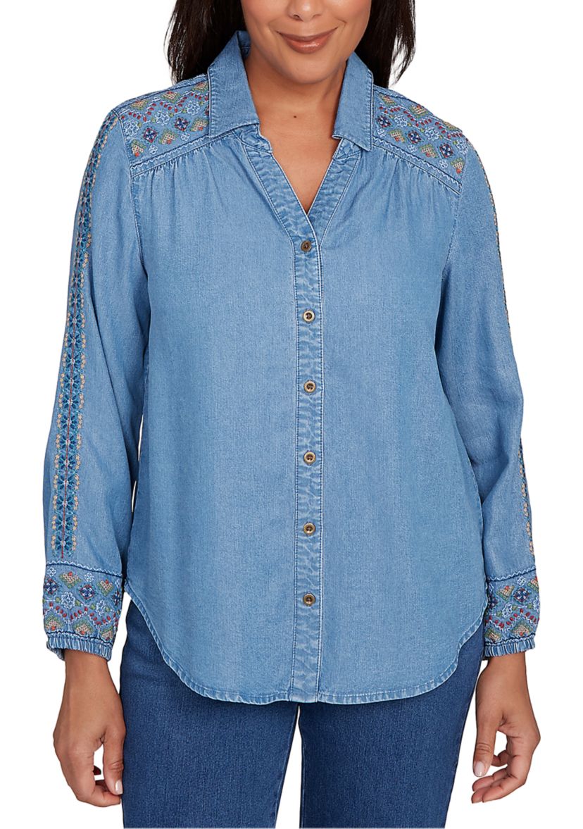 Petite Sunset Canyon Embroidered Tencel Shirt
