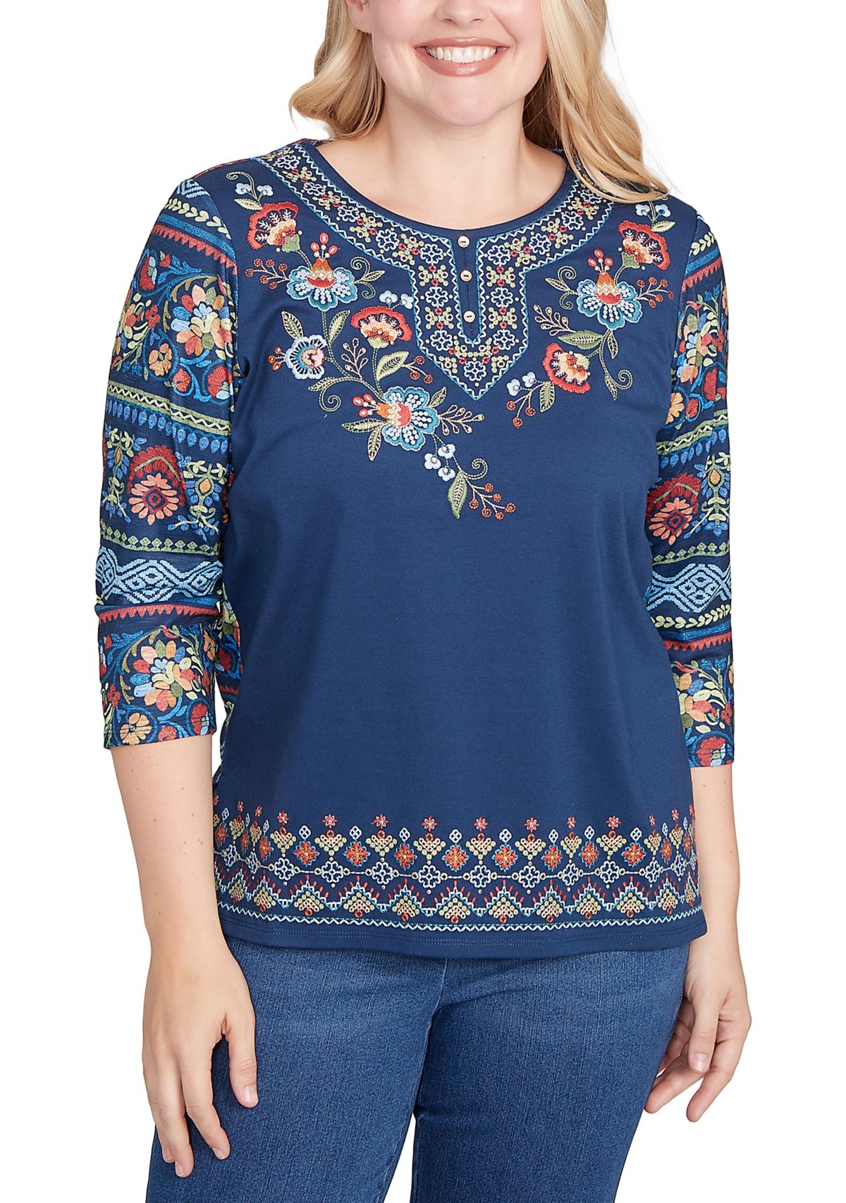 Petite Sunset Canyon Floral Embroidery Top with Print Sleeves