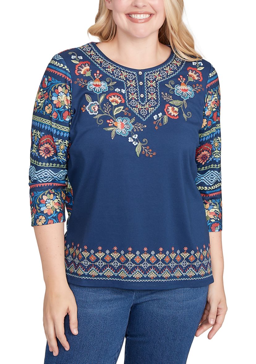 Petite Sunset Canyon Floral Embroidery Top with Print Sleeves