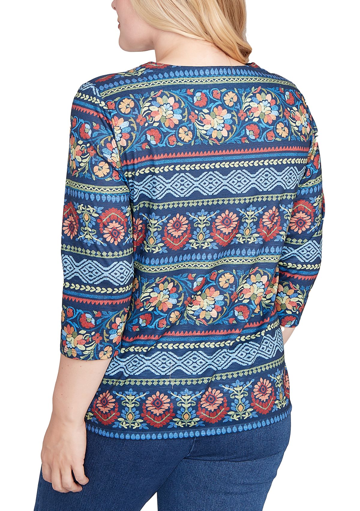 Petite Sunset Canyon Floral Embroidery Top with Print Sleeves