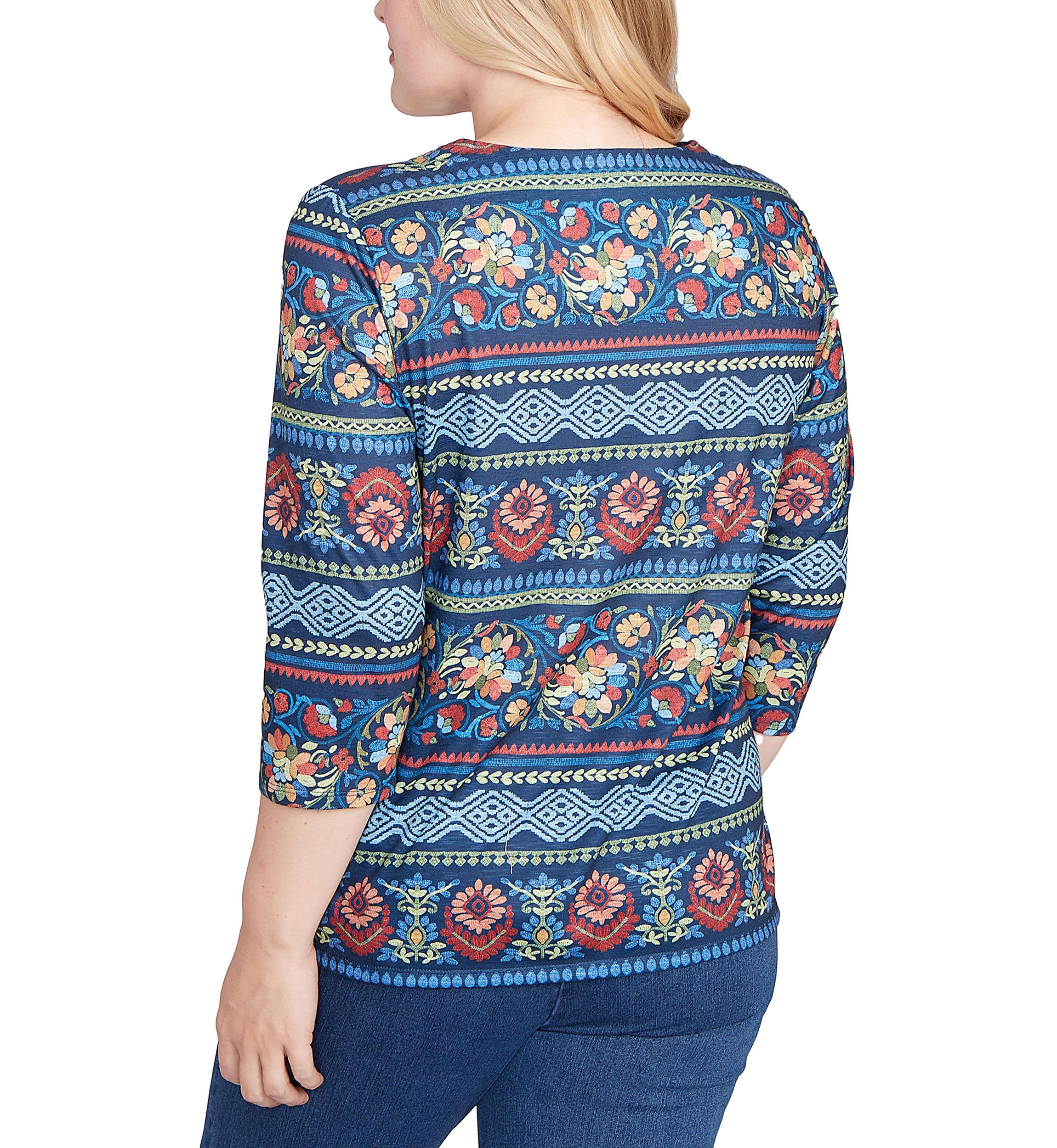 Petite Sunset Canyon Floral Embroidery Top with Print Sleeves