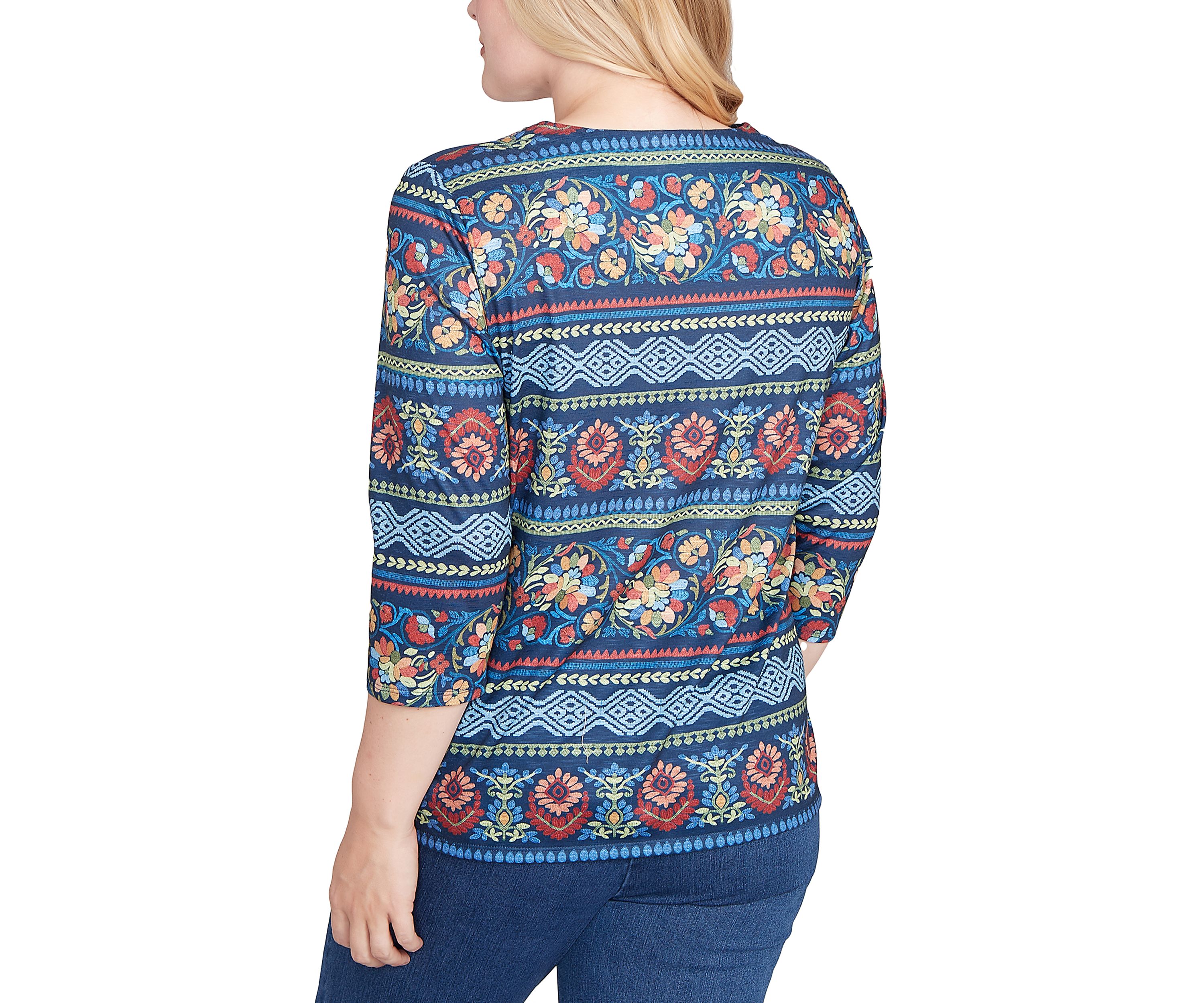 Petite Sunset Canyon Floral Embroidery Top with Print Sleeves