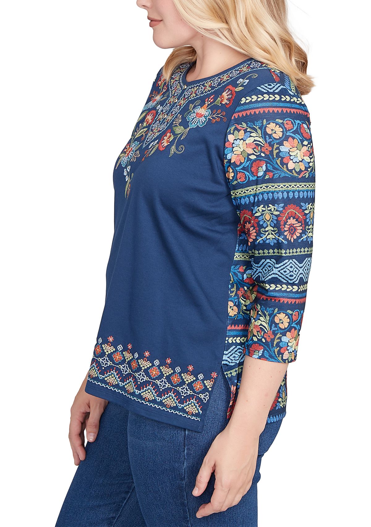 Petite Sunset Canyon Floral Embroidery Top with Print Sleeves
