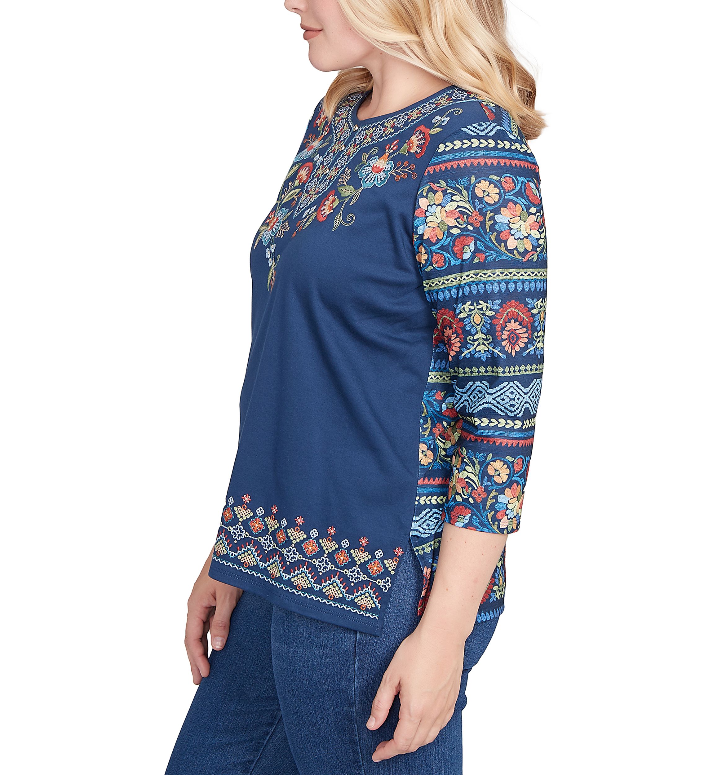 Petite Sunset Canyon Floral Embroidery Top with Print Sleeves