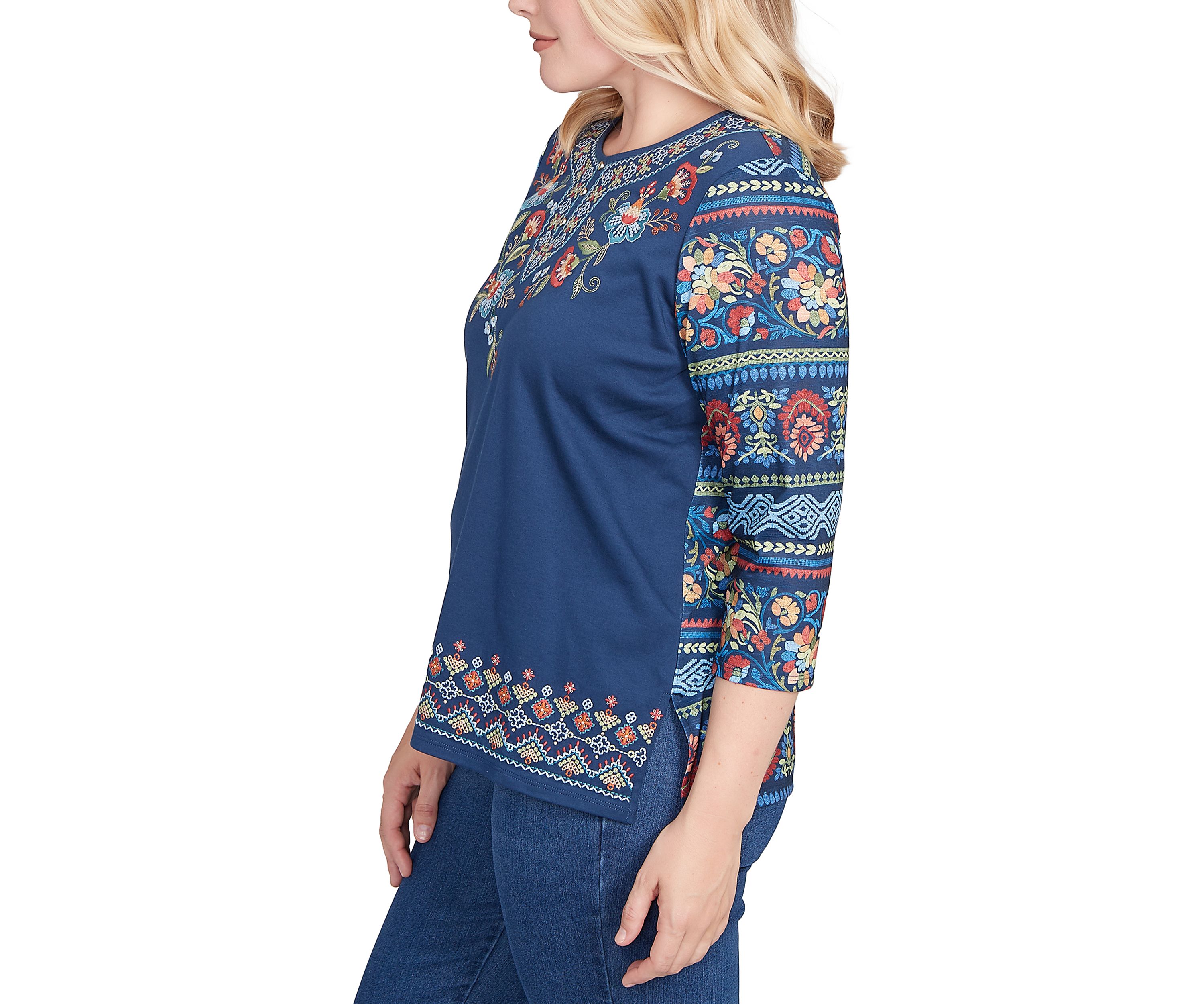 Petite Sunset Canyon Floral Embroidery Top with Print Sleeves