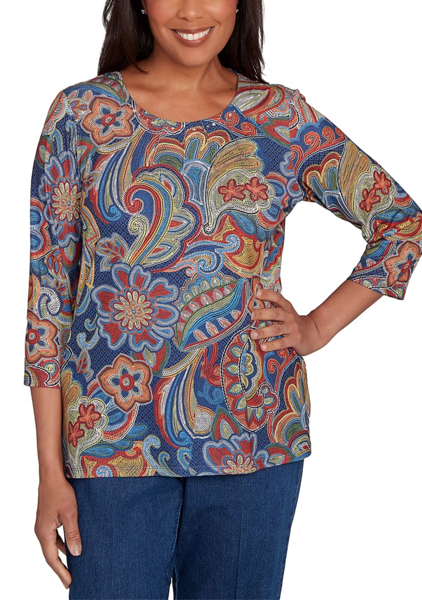 Petite Sunset Canyon Stitched Floral Batik Top